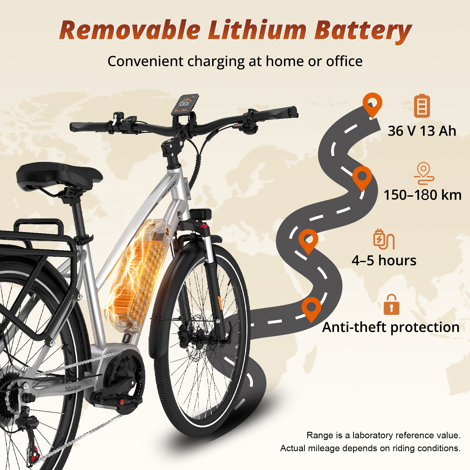 Bici elettrica argento con batteria rimovibile, 36V 13Ah, autonomia 150-180km, carica 4-5h.