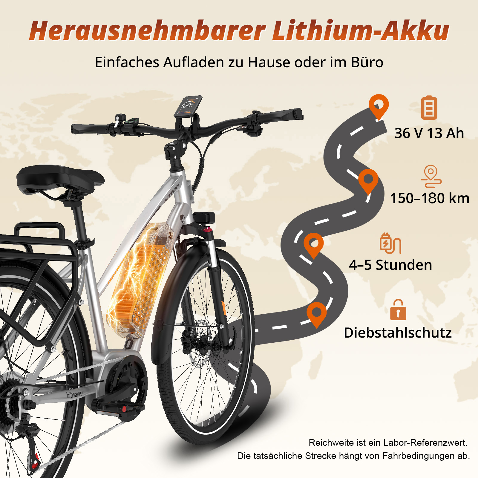Silbernes E-Bike mit herausnehmbarem Akku, Daten & Ladezeit.