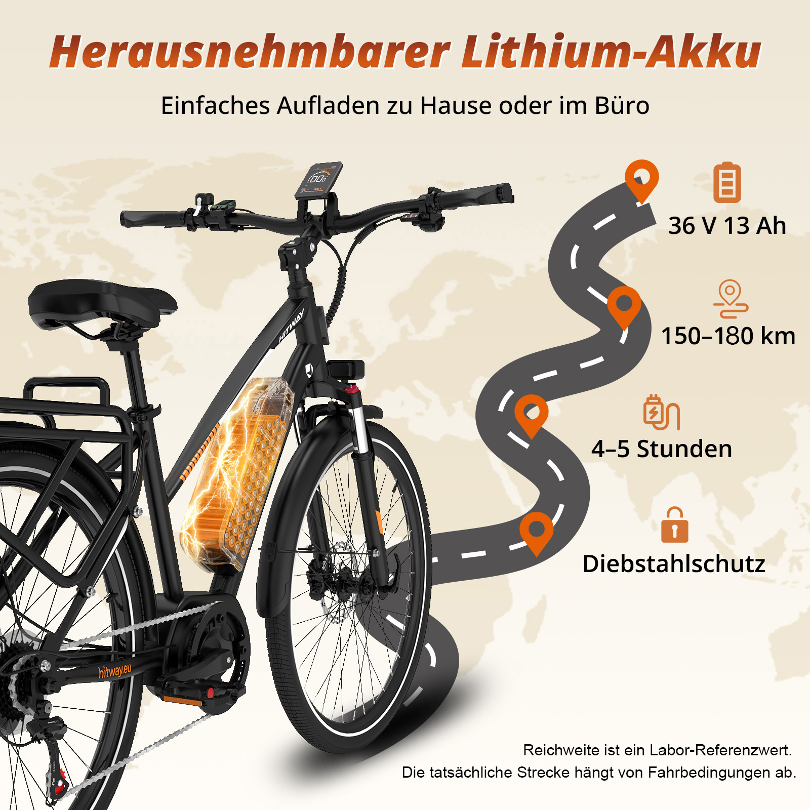 Schwarzes E-Bike mit herausnehmbarem Akku, 36V 13Ah, 150-180km Reichweite, 4-5h Ladezeit.
