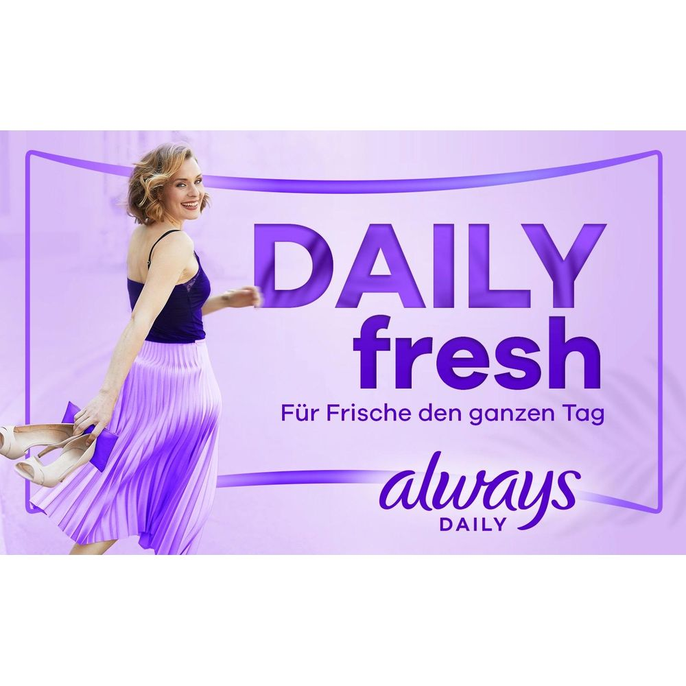 Frau mit lila Rock und Pumps, mit "DAILY fresh" und "always" Logo.