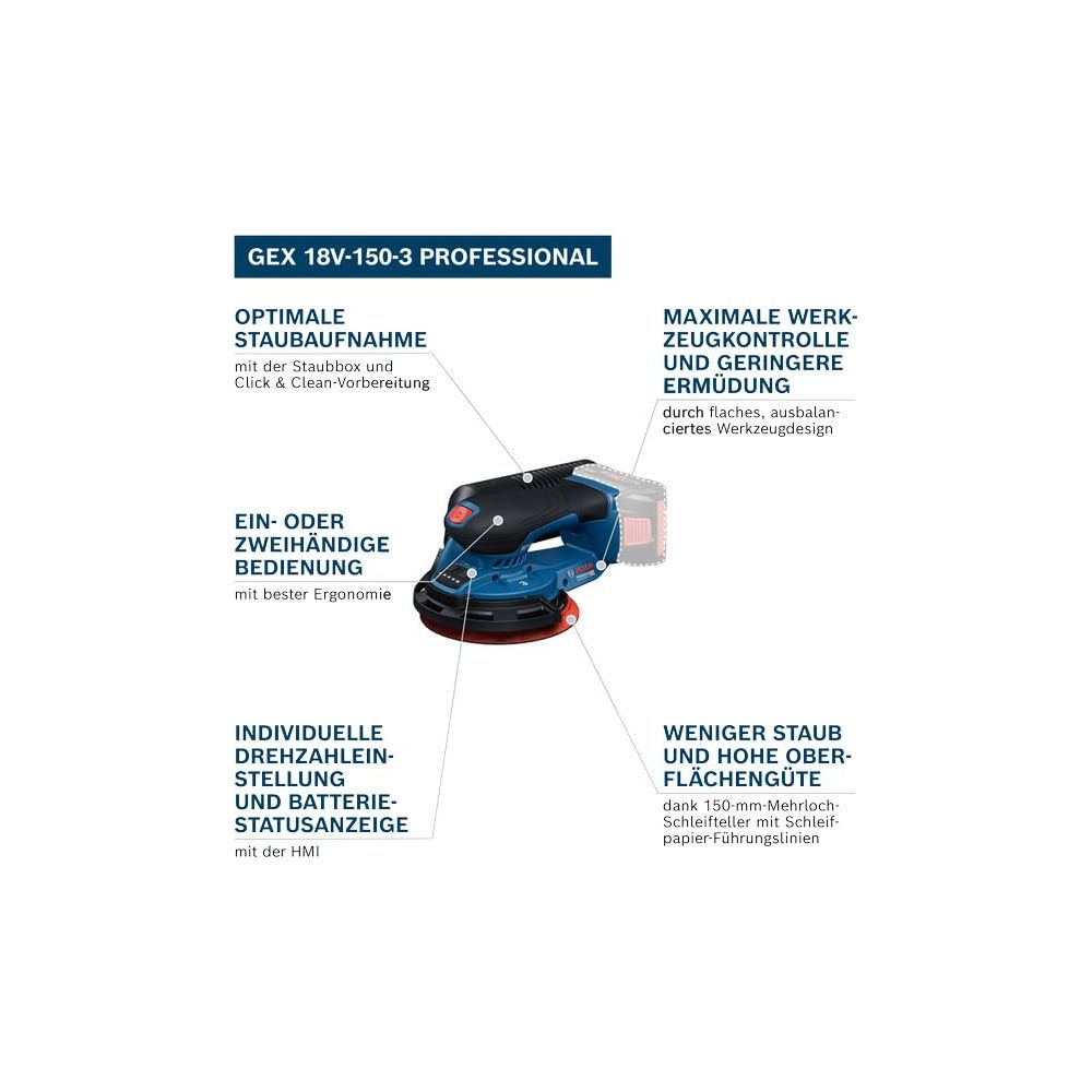 Bosch Exzenterschleifer GEX 18V-150-3: Optimale Staubaufnahme, Zweihandbedienung, variable Drehzahl.