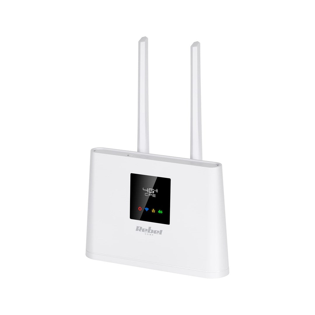 Ein weißer 4G-CPE-Router mit zwei Antennen und einem Bildschirm.