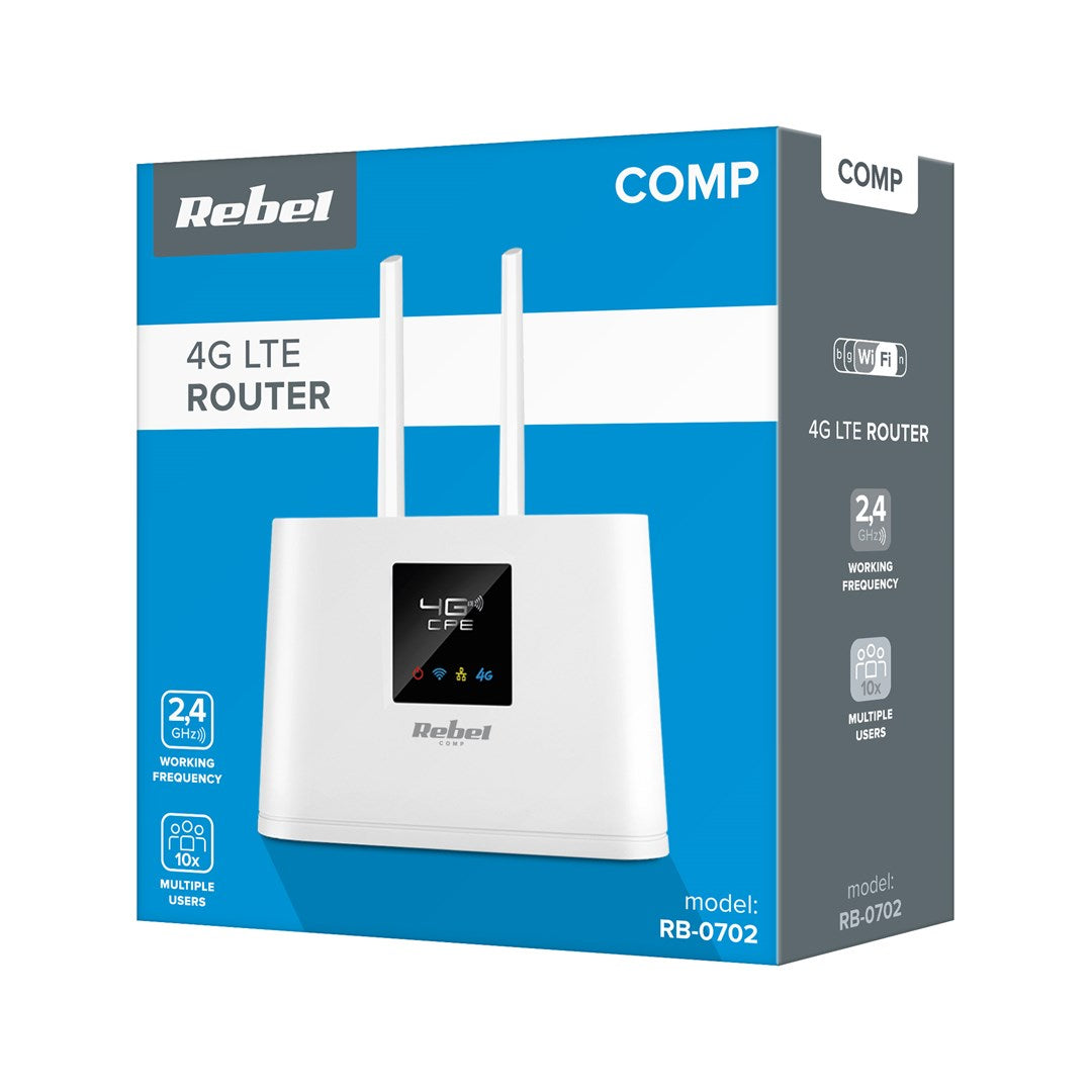 Weißer 4G LTE Router von Rebel auf blauem Karton mit Produktinformationen.