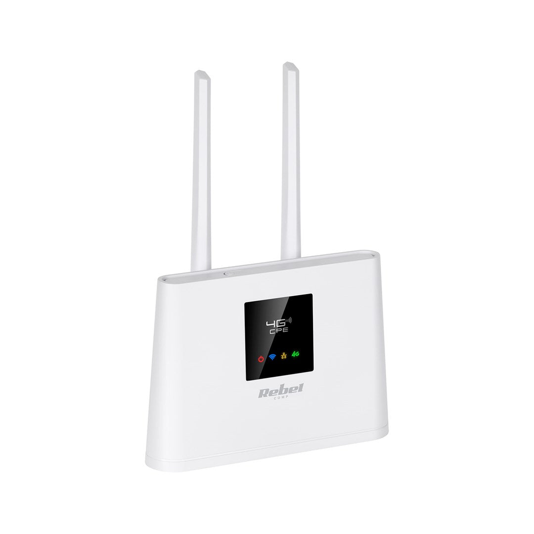 Ein weißer 4G-WLAN-Router mit zwei Antennen und einem Bildschirm.