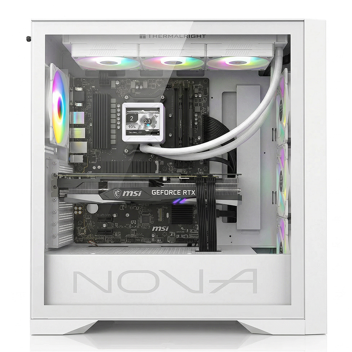 Case PC bianco con ventole RGB, GPU MSI GeForce RTX e scheda madre.