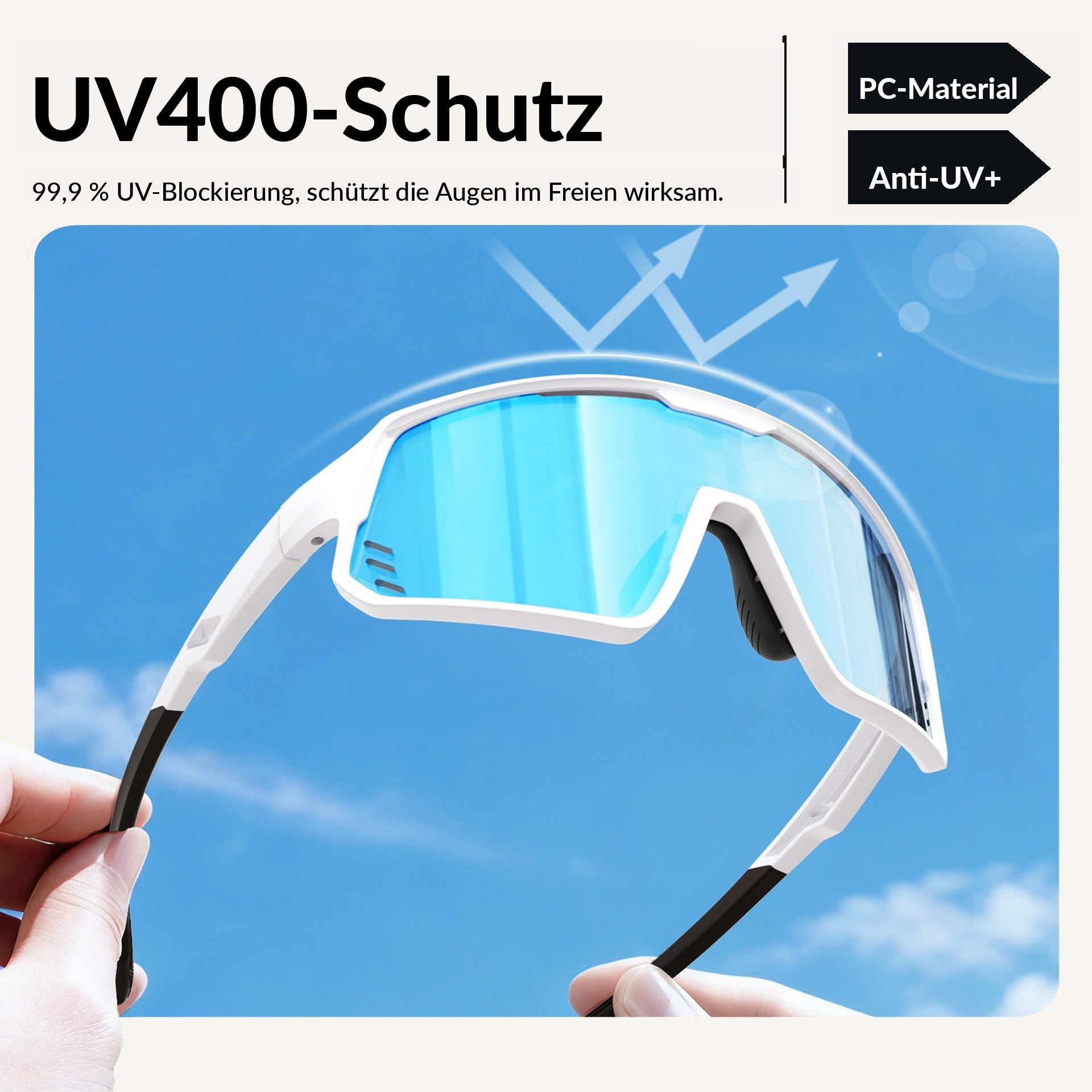 Weiße Sportbrille mit blauen Gläsern, gehalten von Händen, vor blauem Himmel.