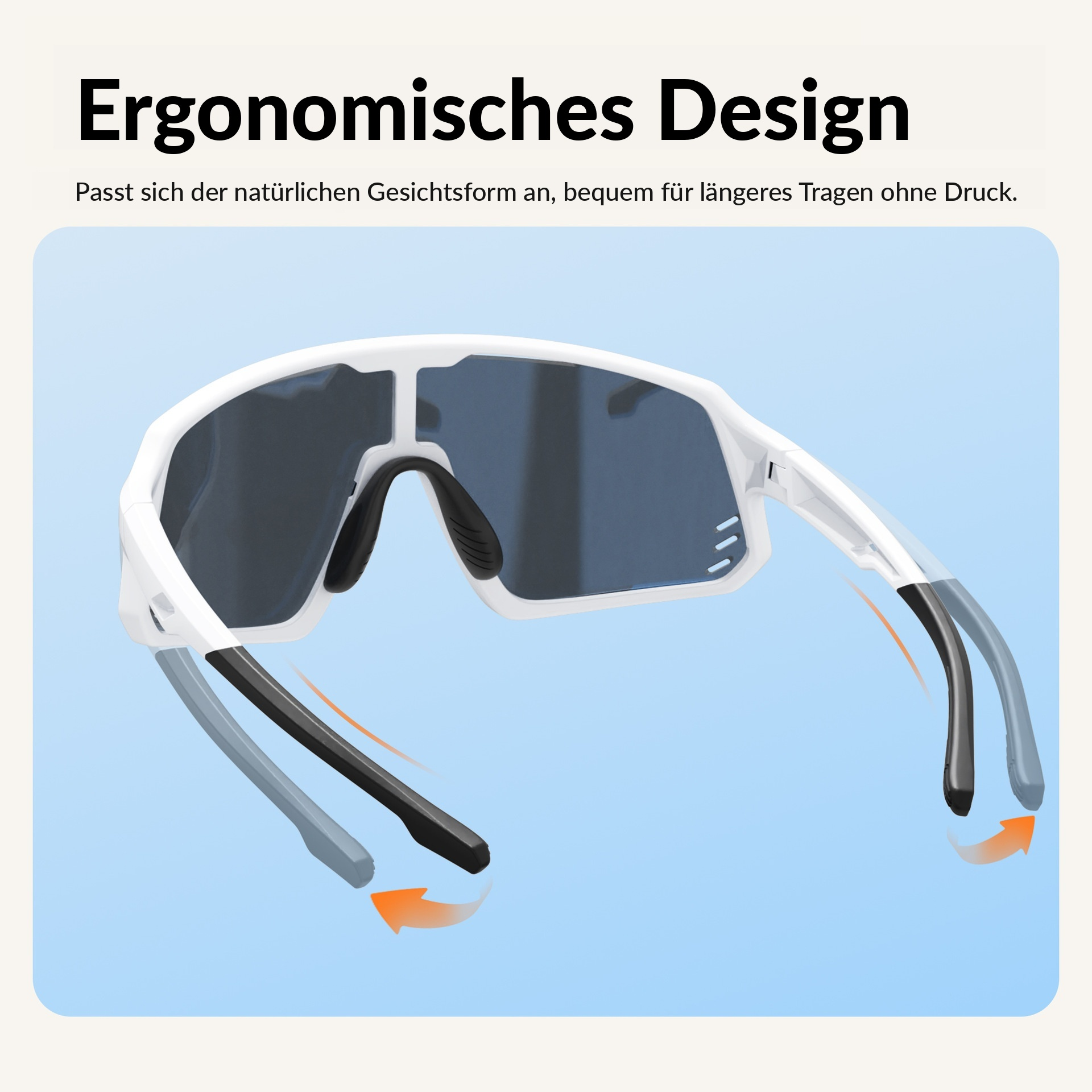 Weiße Sportbrille mit dunklen Gläsern und flexiblen Bügeln.