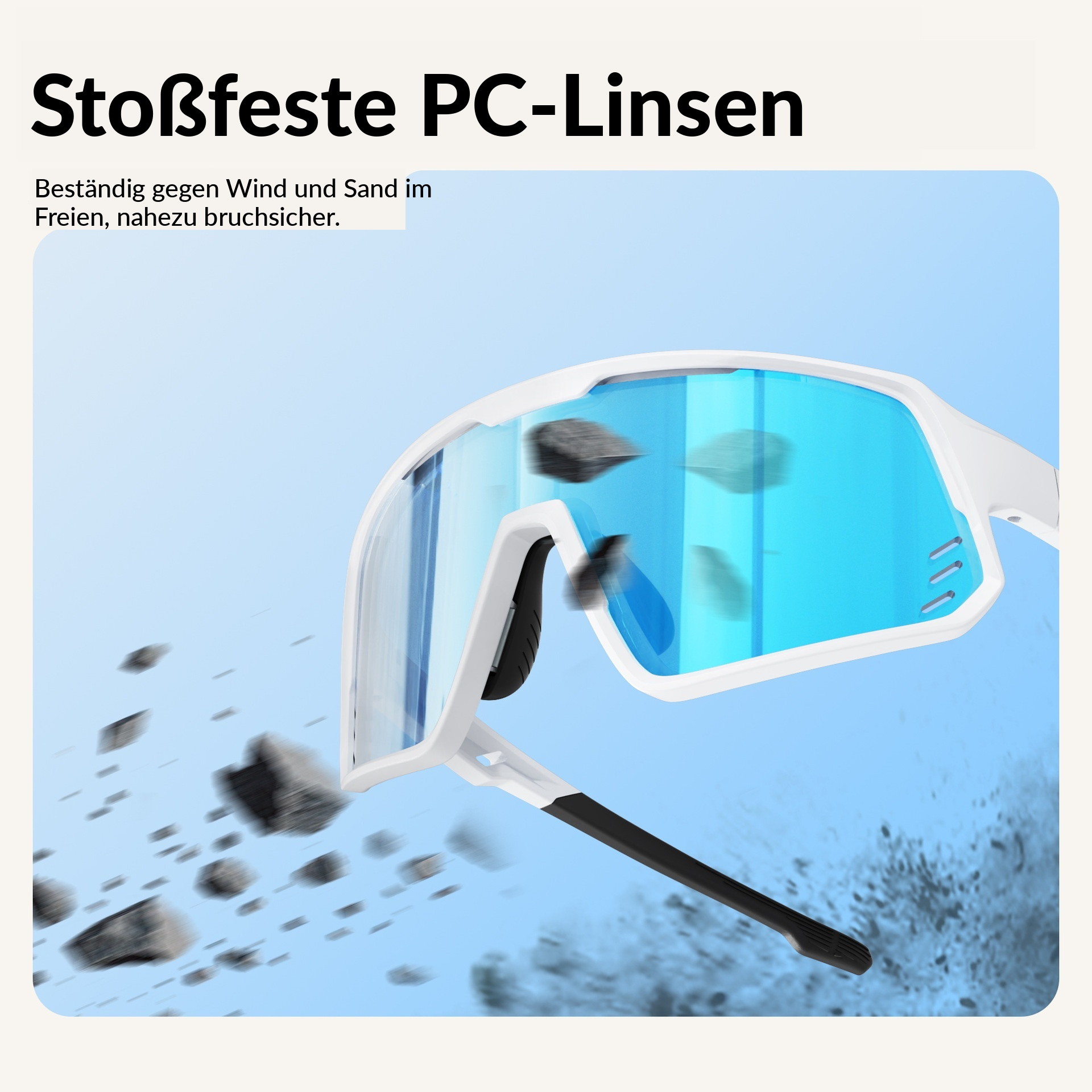 Weiße Sportbrille mit blauen Gläsern, die Steinen und Sand widersteht.