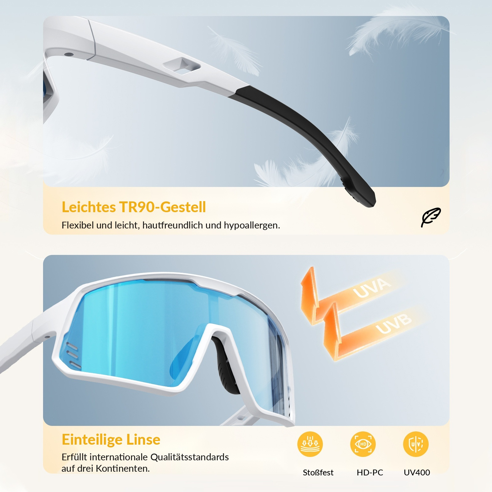 Weiße Sportbrille mit blau verspiegelter Linse, TR90-Gestell, UV400 Schutz.