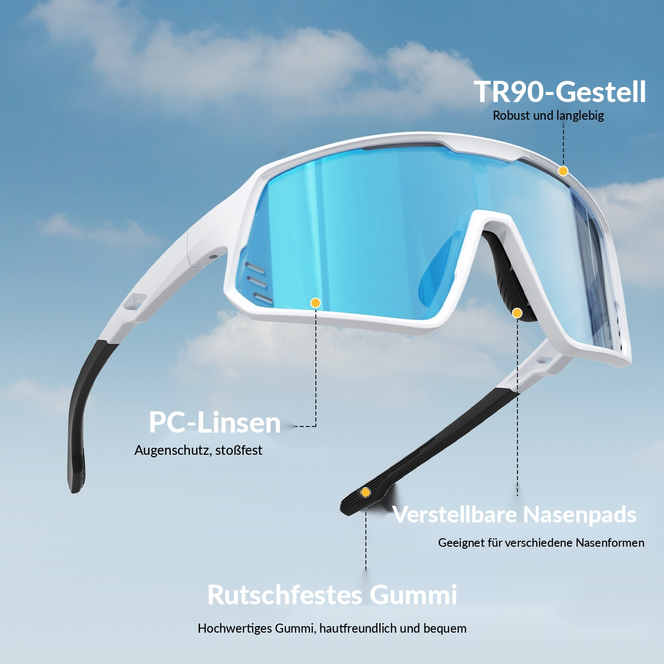Weiße Sportbrille mit blauen Gläsern und Text, vor blauem Himmel.
