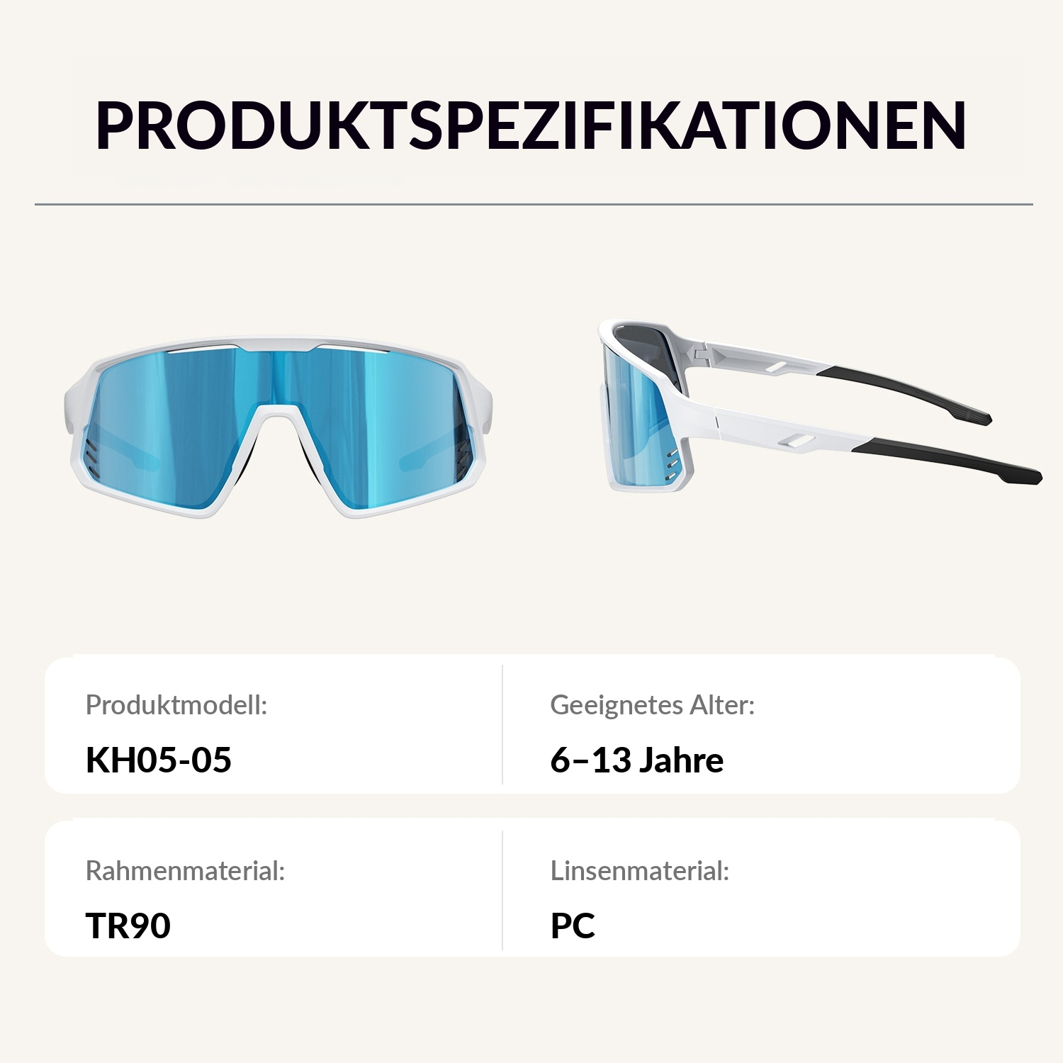 Weiße Sportbrille mit blauen verspiegelten Gläsern, Modell KH05-05.