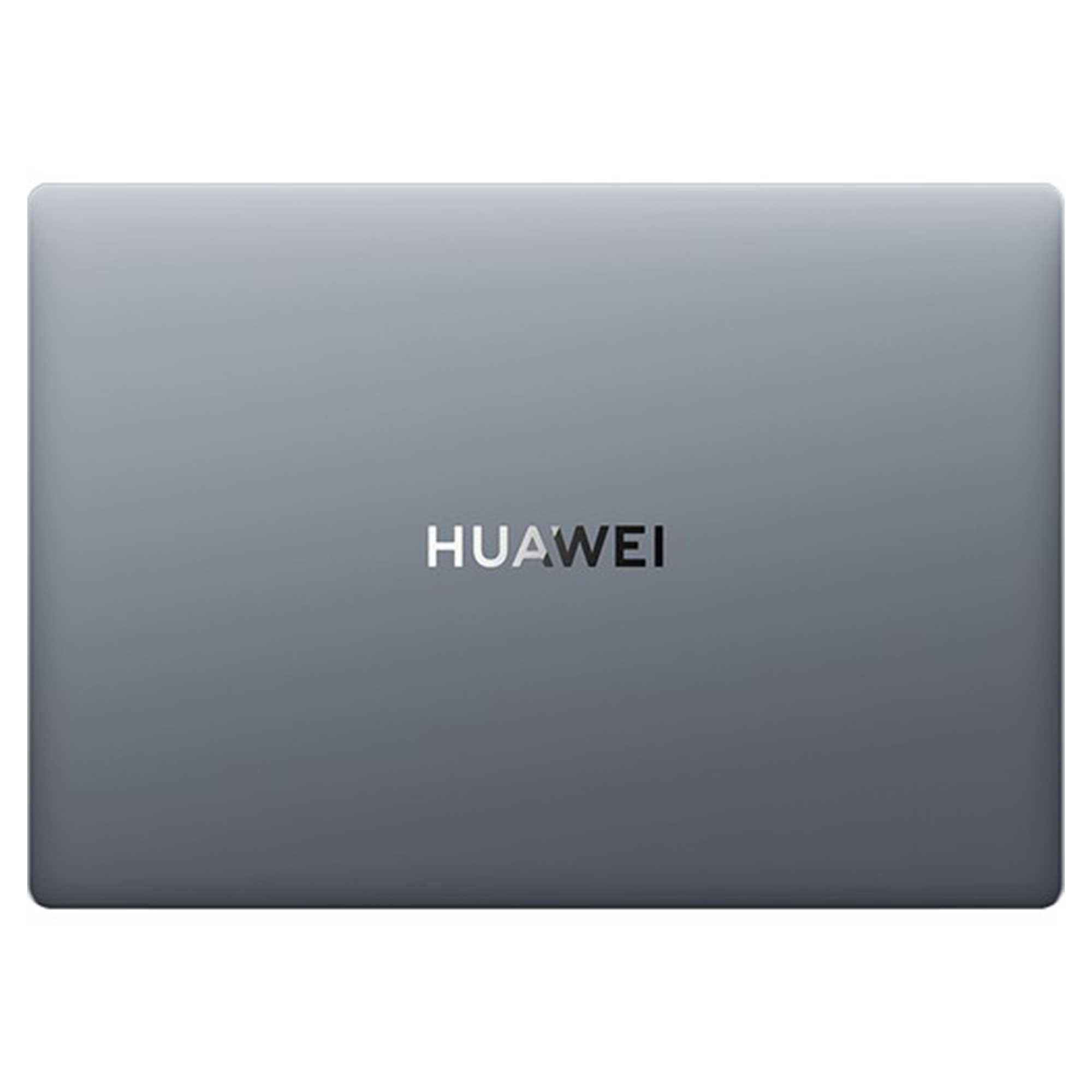 Kapalı gri Huawei dizüstü bilgisayar, kapağında logo bulunur.