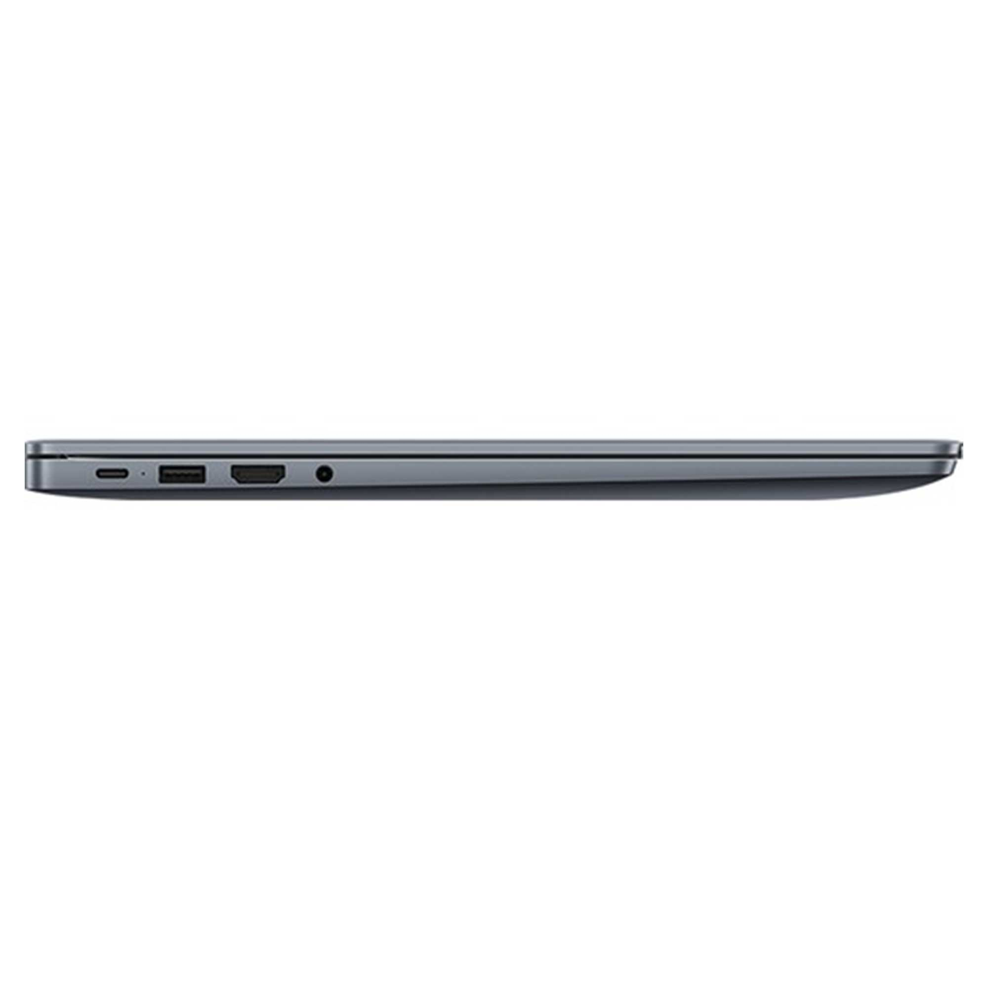 Gri renkli dizüstü bilgisayar yan görünümü, portlar: USB-C, USB-A, HDMI ve jak.