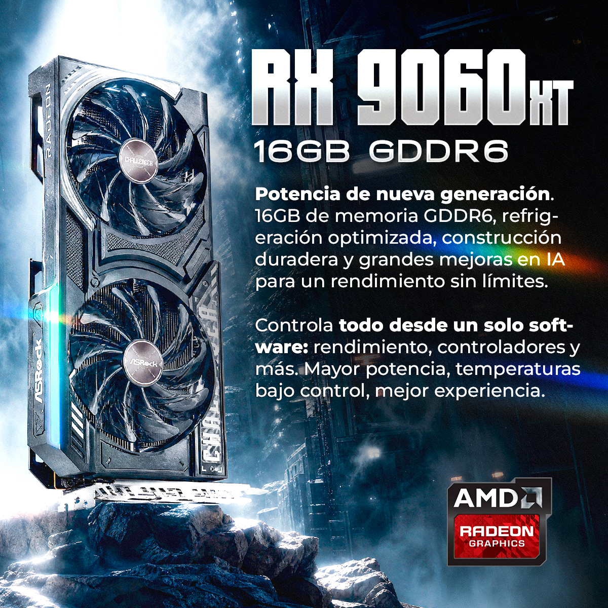 Una scheda grafica ASRock Radeon RX 9060XT con 16GB di memoria GDDR6.