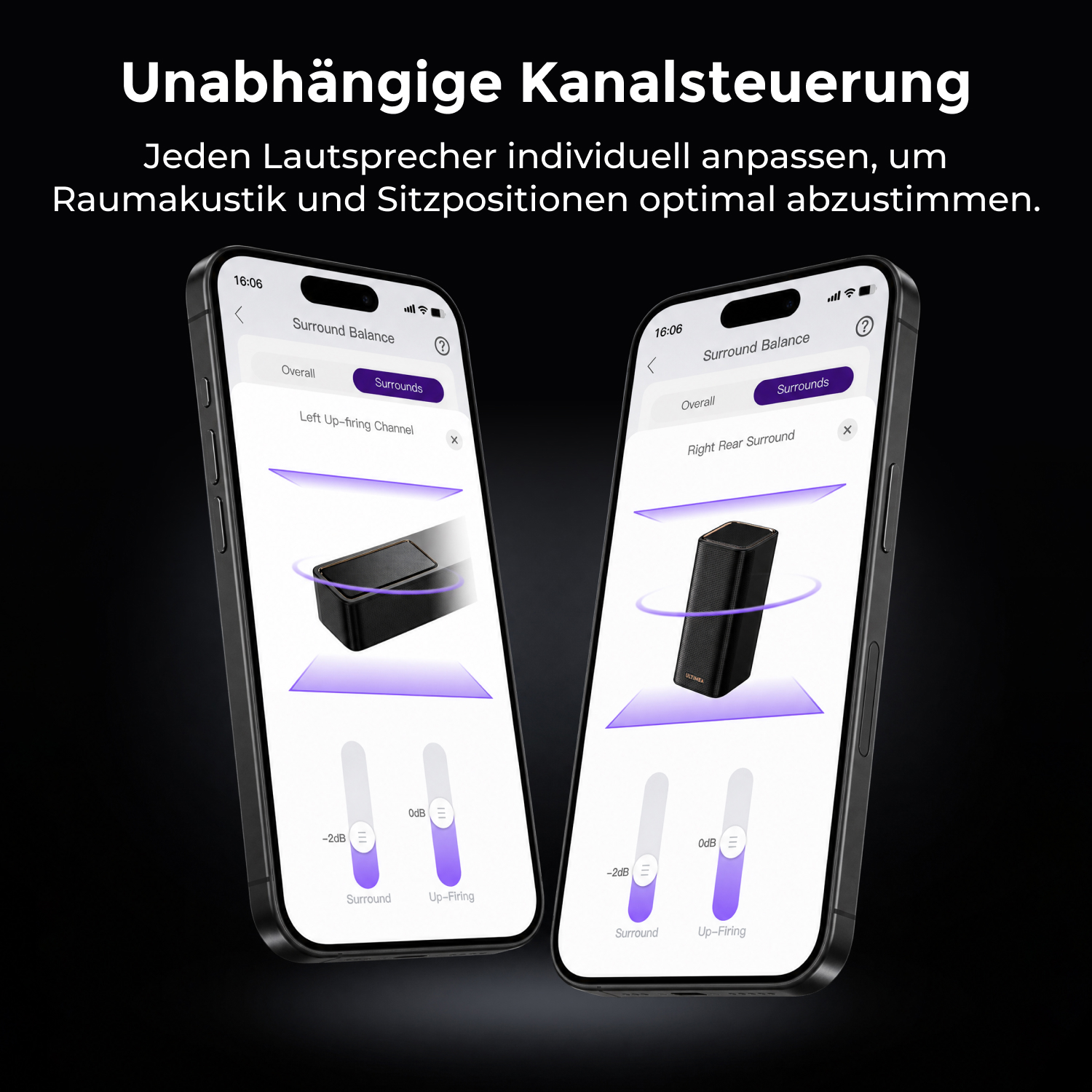 Deux smartphones affichent une application d'équilibre surround avec des réglages d'enceintes.
