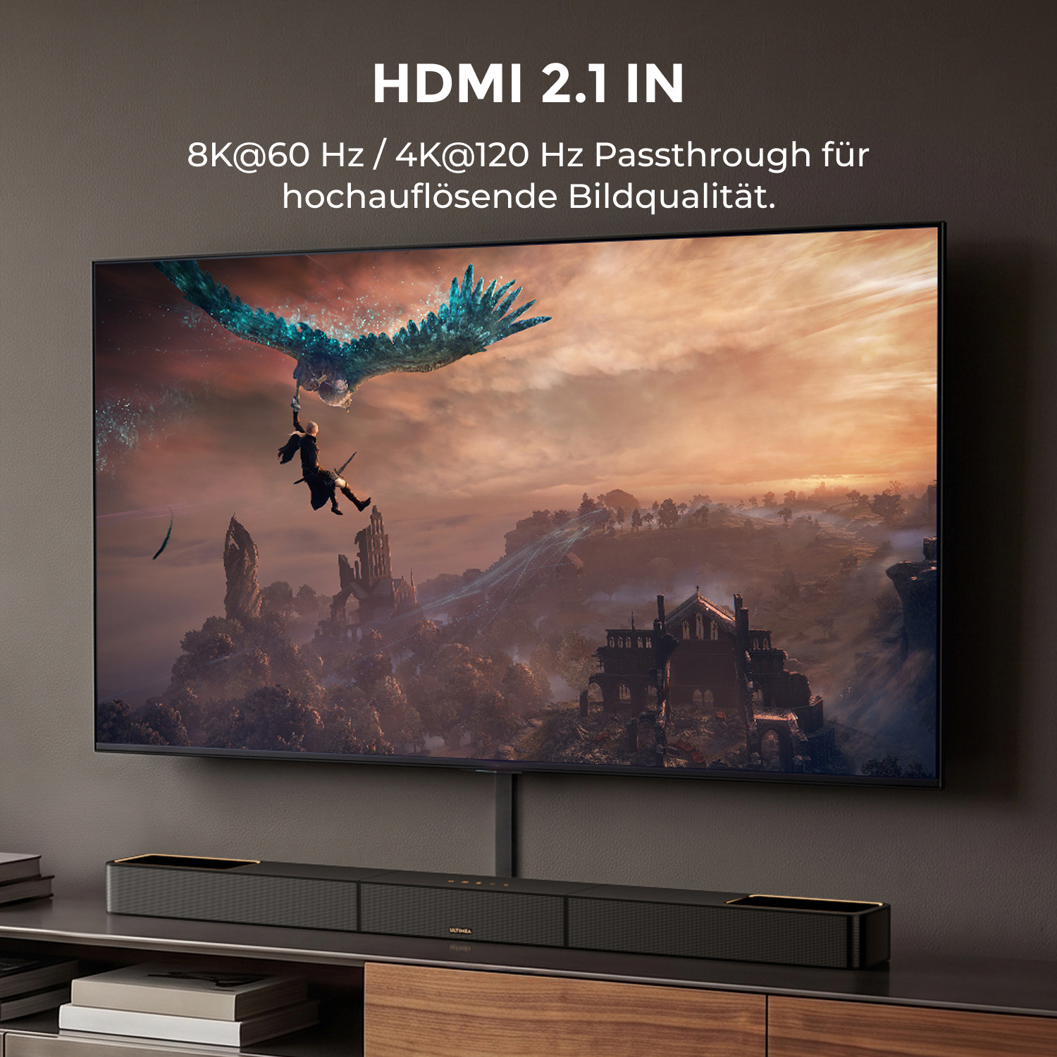 Un televisor muestra un juego con un grifo y guerrero. Debajo una barra de sonido.