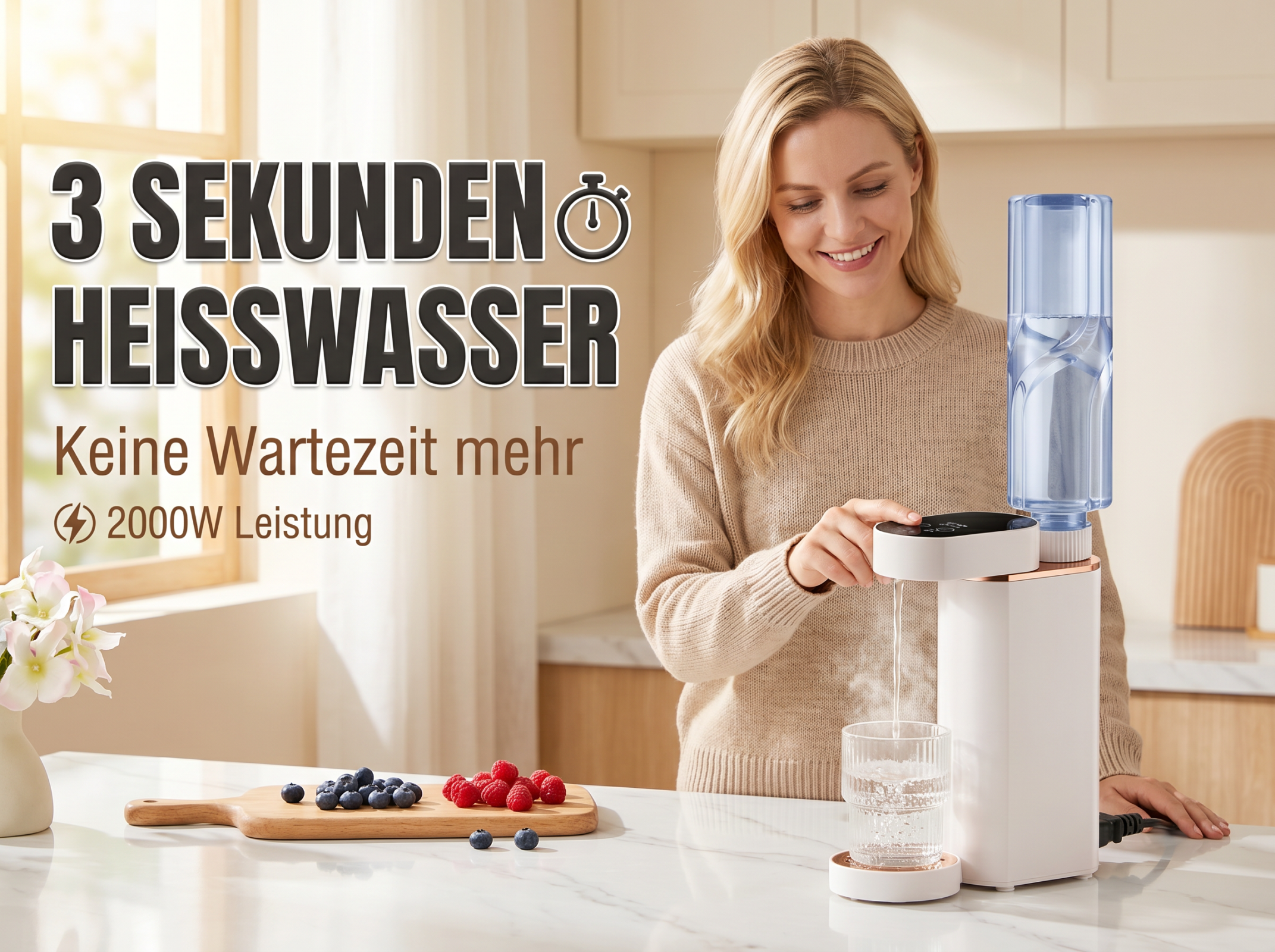 Eine Frau bedient einen Wasserspender, der heißes Wasser in ein Glas füllt.