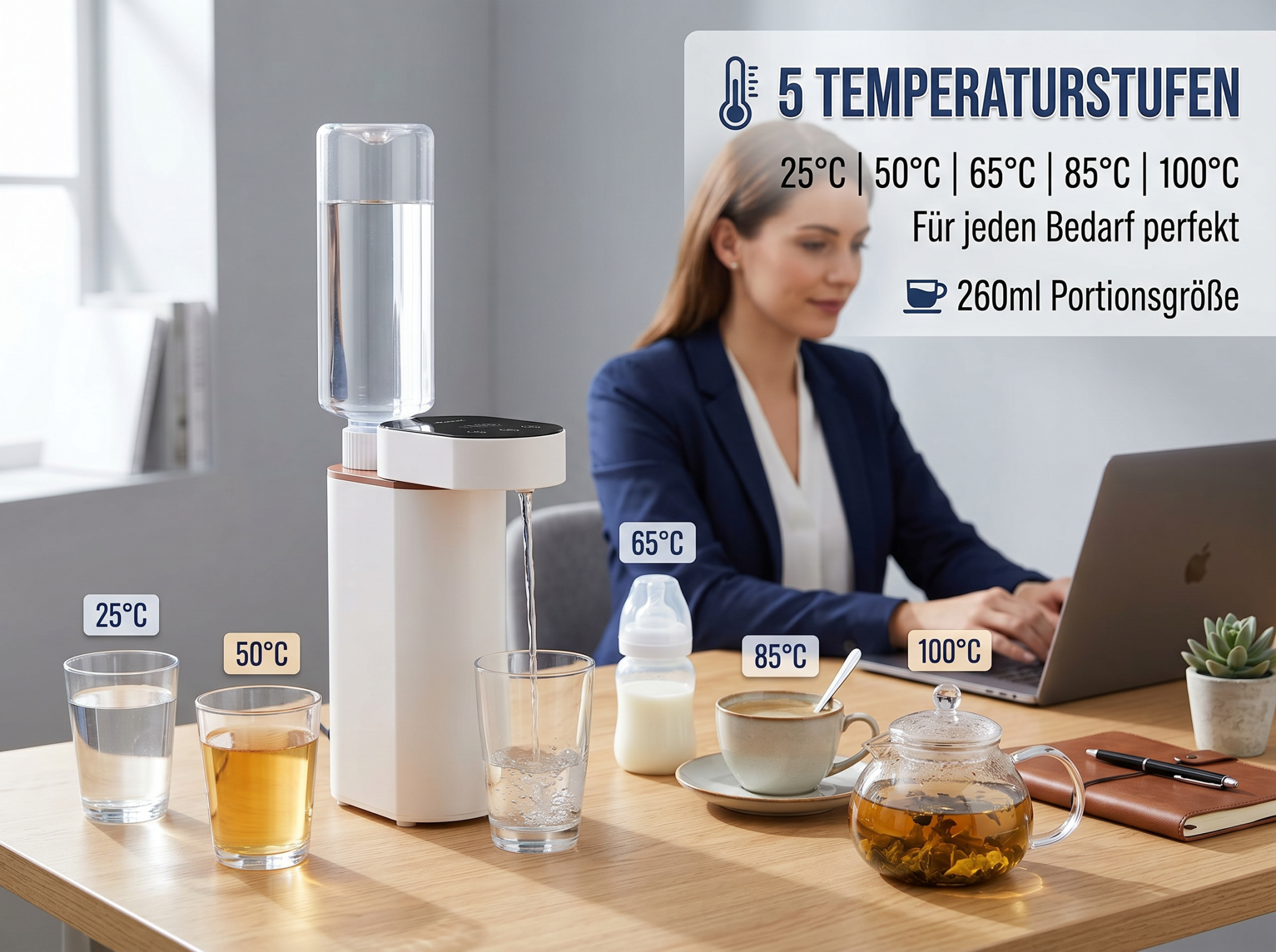 Wasserdispenser mit 5 Temperaturstufen, Frau am Laptop.