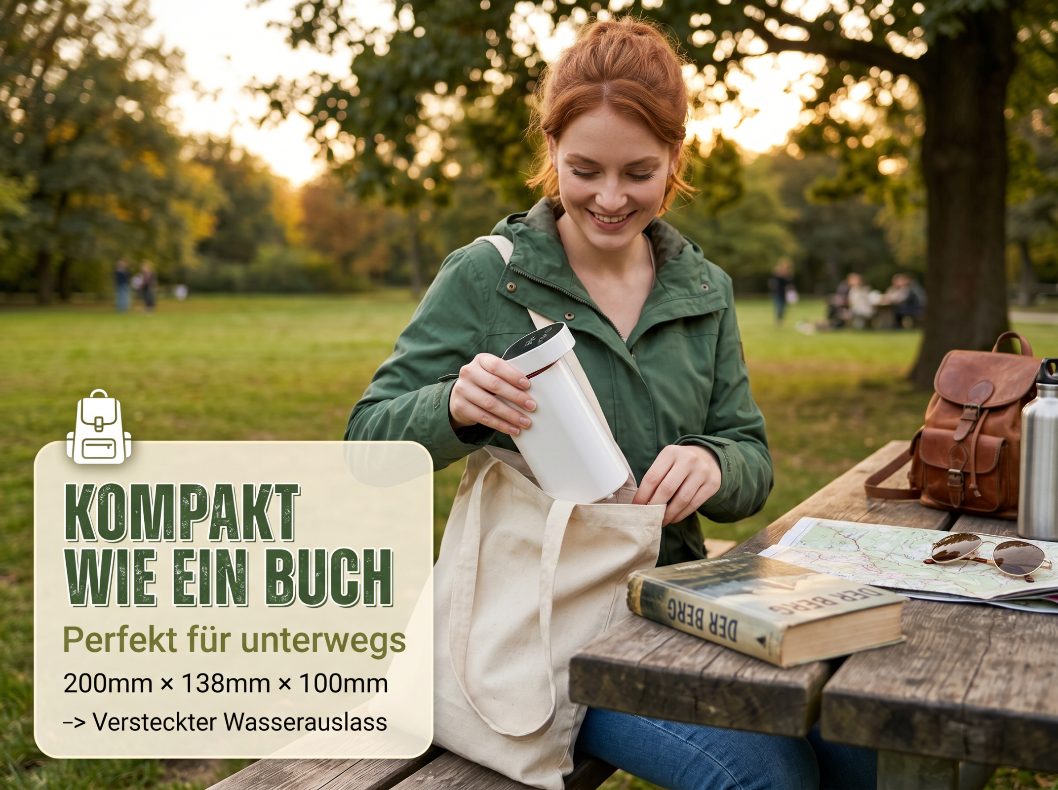 Eine Frau packt ein weißes Gerät in eine Tasche im Park. Ein Buch liegt auf dem Tisch.