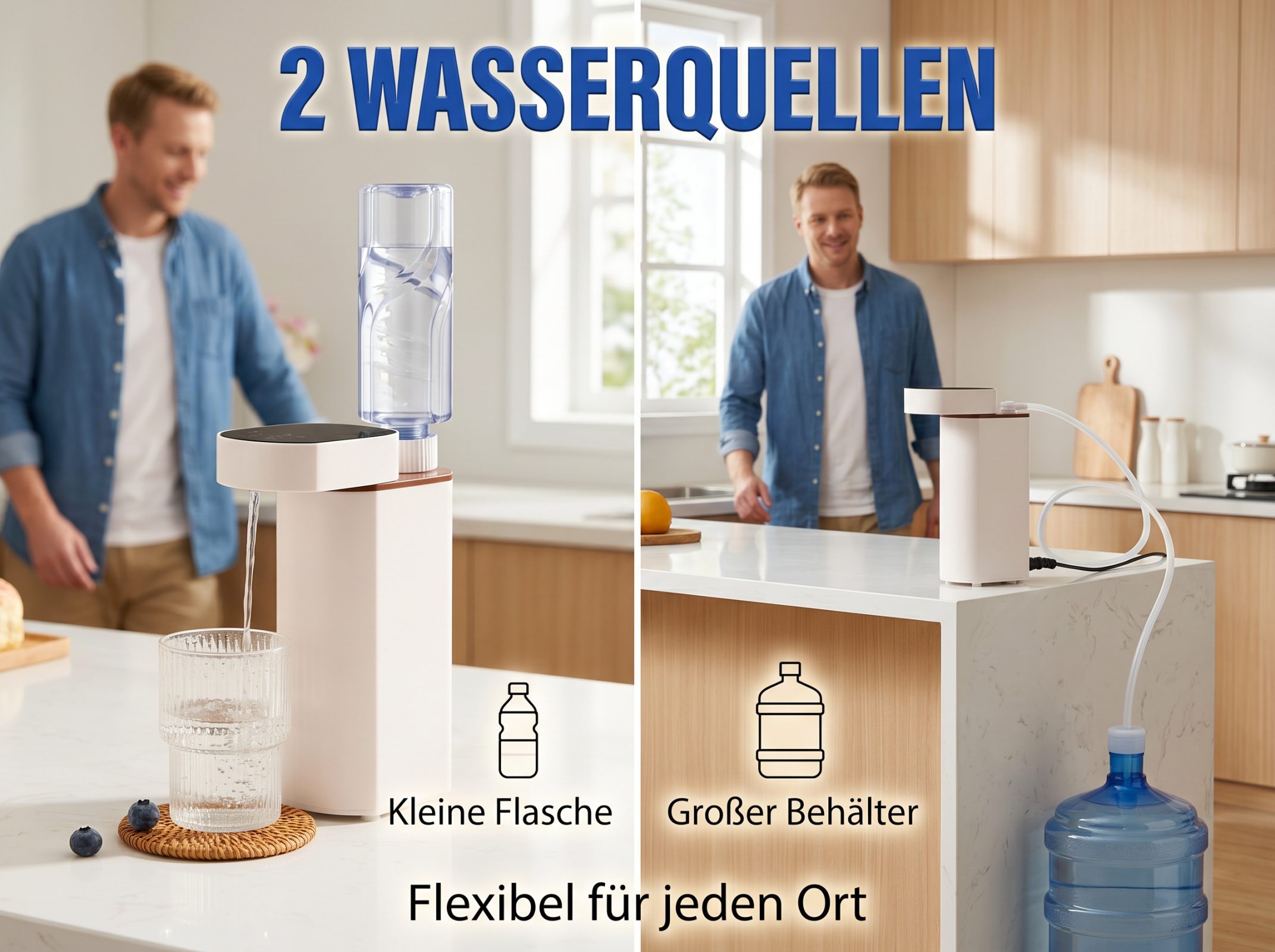Ein Mann in einem blauen Hemd vor einem Wasserspender mit kleinen und großen Wasserbehältern.