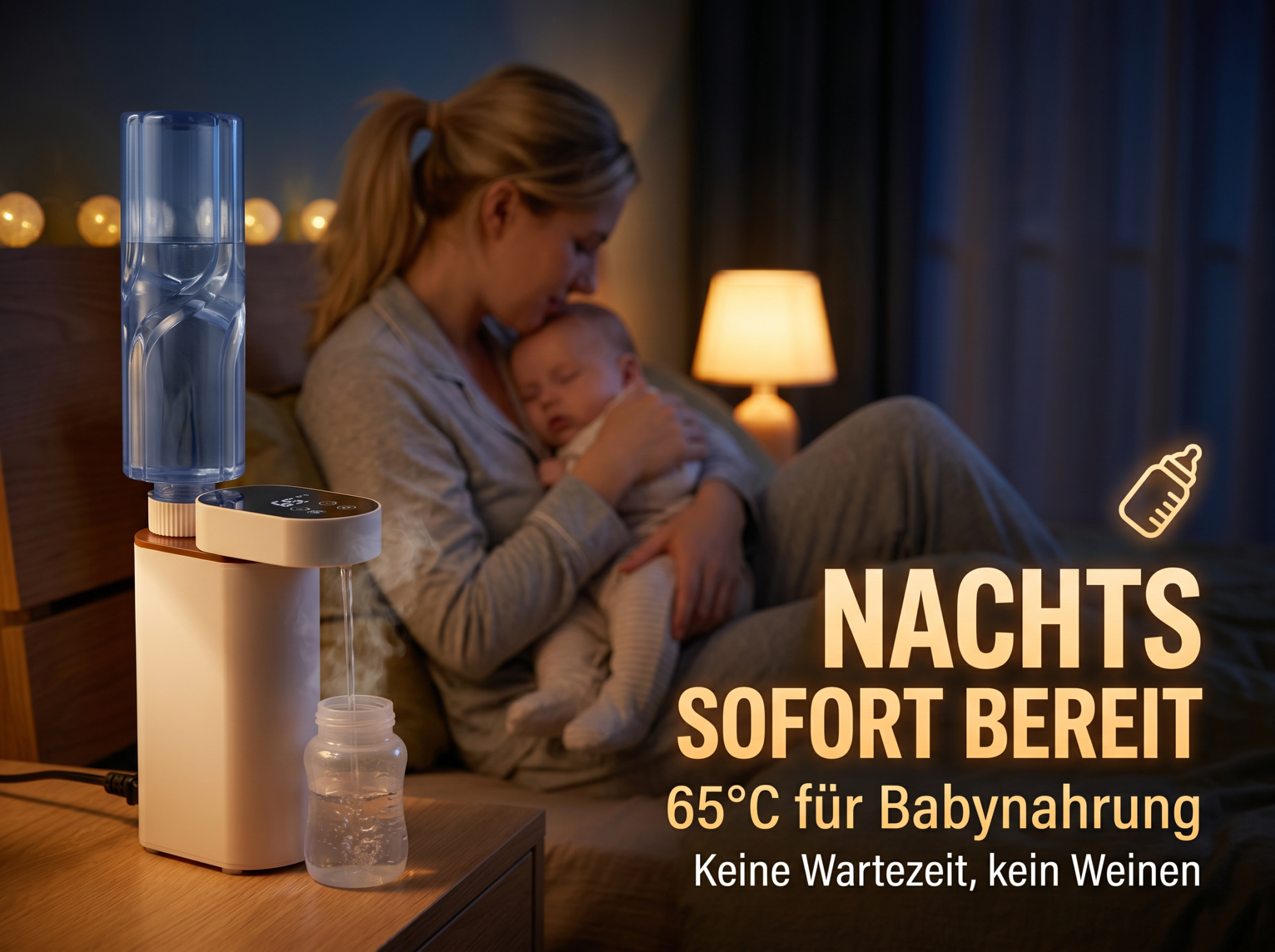 Eine Frau hält ein Baby, ein Wassererhitzer steht daneben.