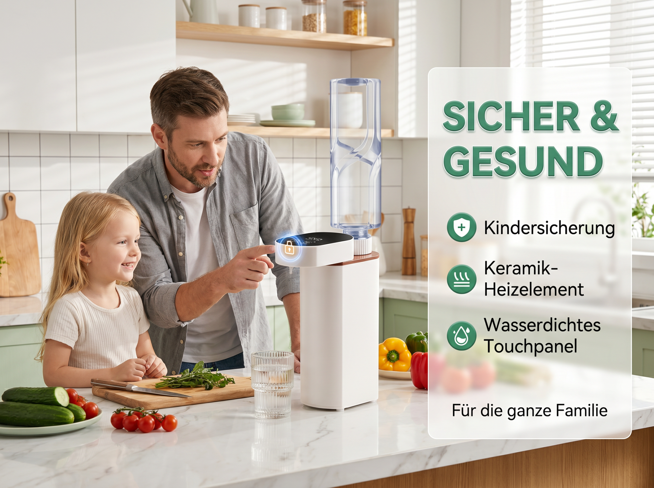 Vater und Tochter in der Küche mit einem Wasserspender. Text über Sicherheit & Gesundheit.