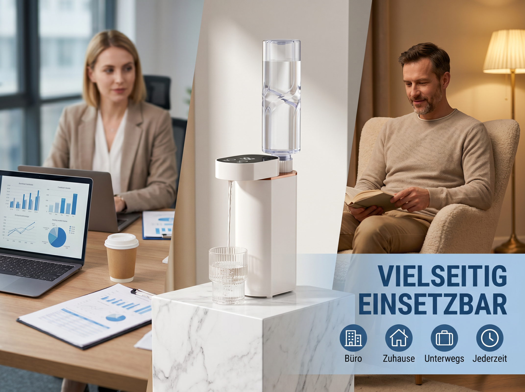 Collage zeigt Büroarbeit, Wasserspender und Entspannung zu Hause.