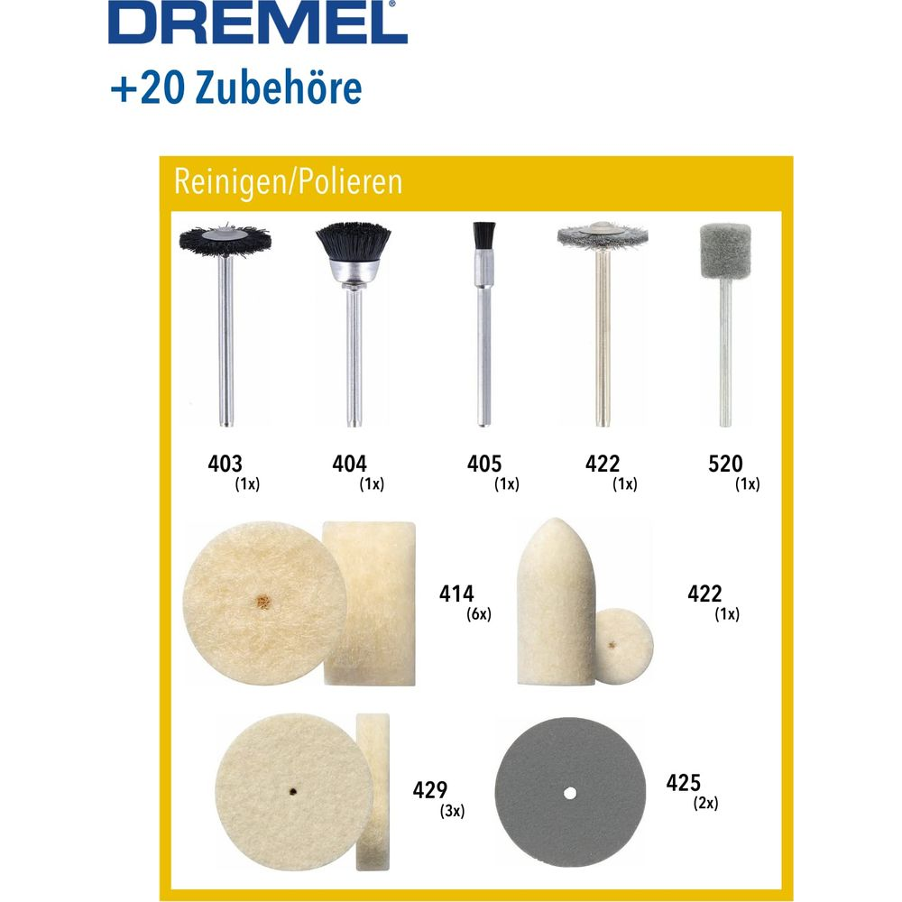 Dremel Zubehöre Reinigen/Polieren: Bürsten, Scheiben und Kegel.