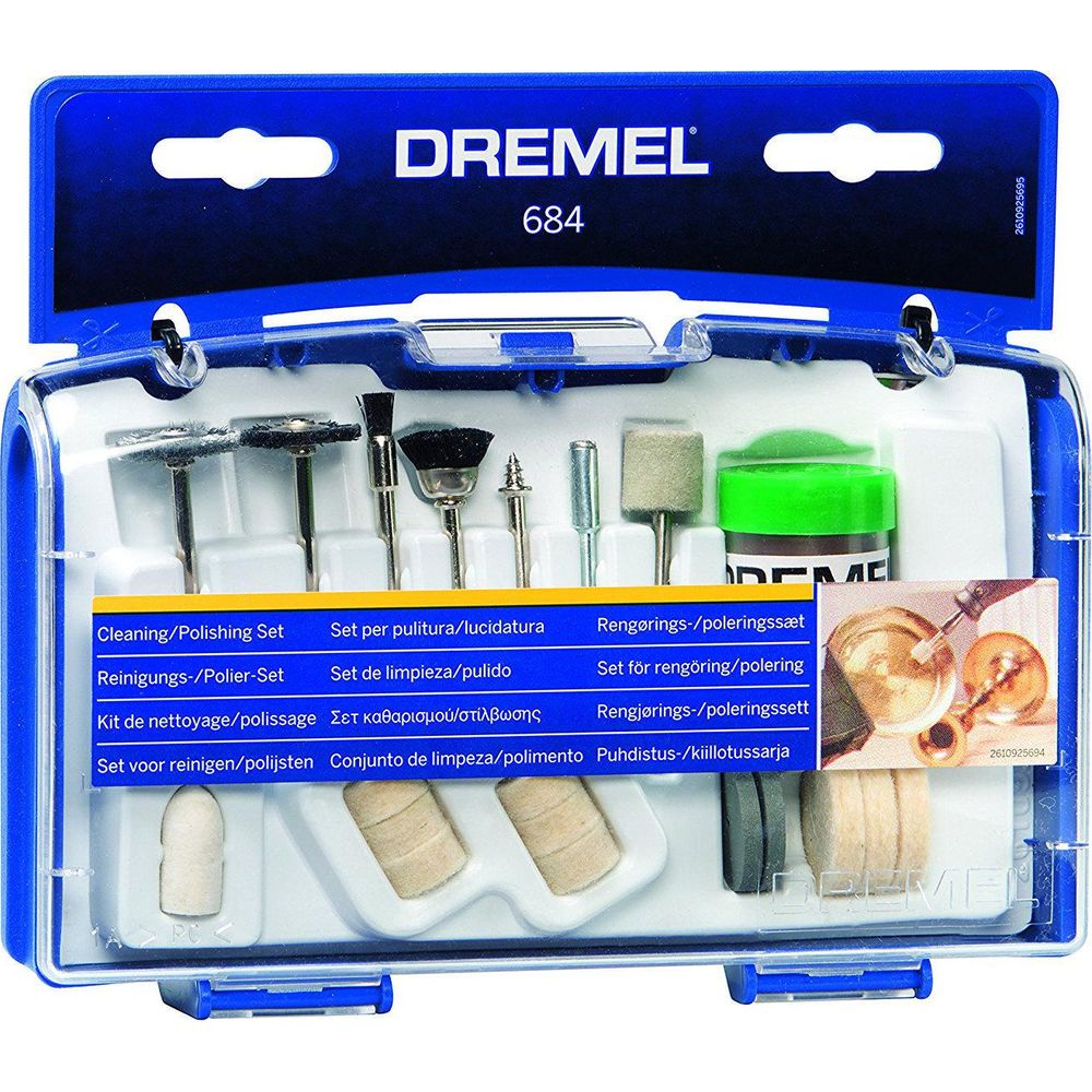 Dremel 684 Reinigungs- und Polierset mit verschiedenen Aufsätzen und grüner Paste.