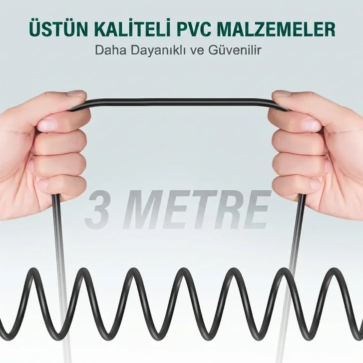 İki el siyah bir kablo tutuyor. "3 METRE" yazısı arka planda.