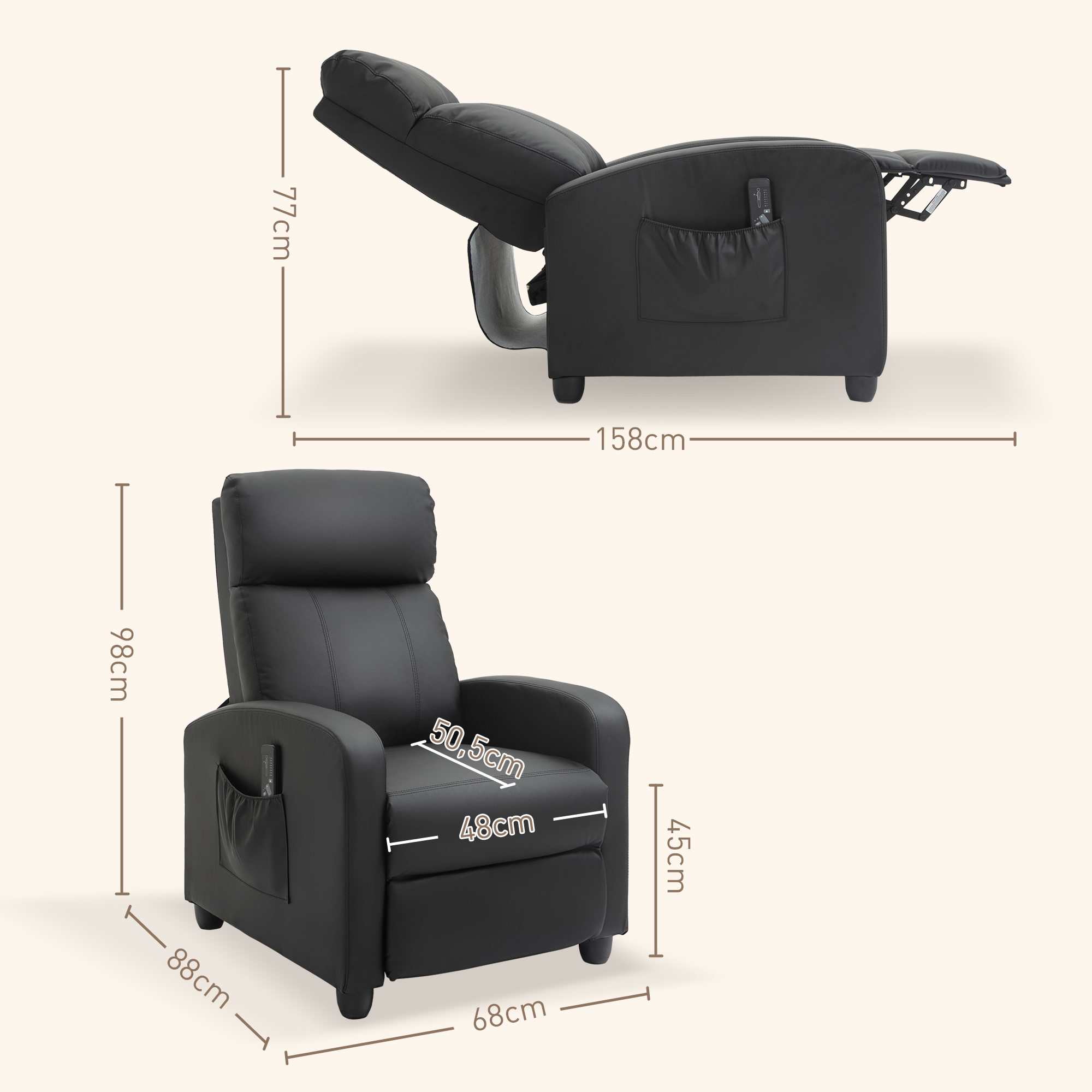 Sillón reclinable negro con dimensiones: 158x77cm (reclinado) y 68x88x98cm (erguido).