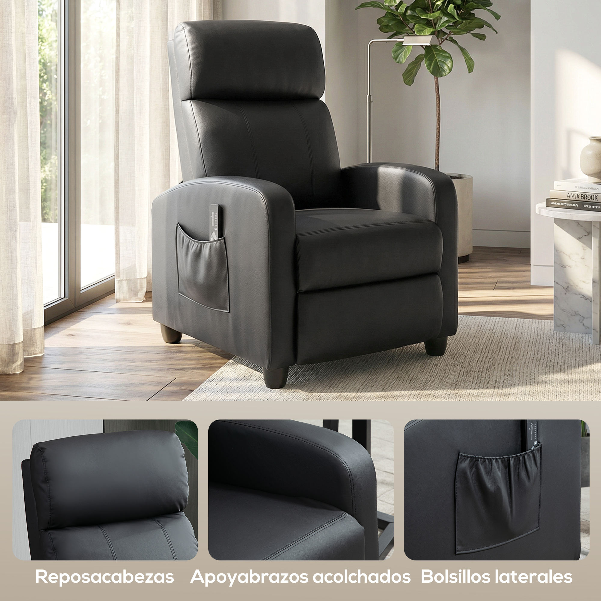Sillón reclinable de cuero negro con reposacabezas, brazos y bolsillos.