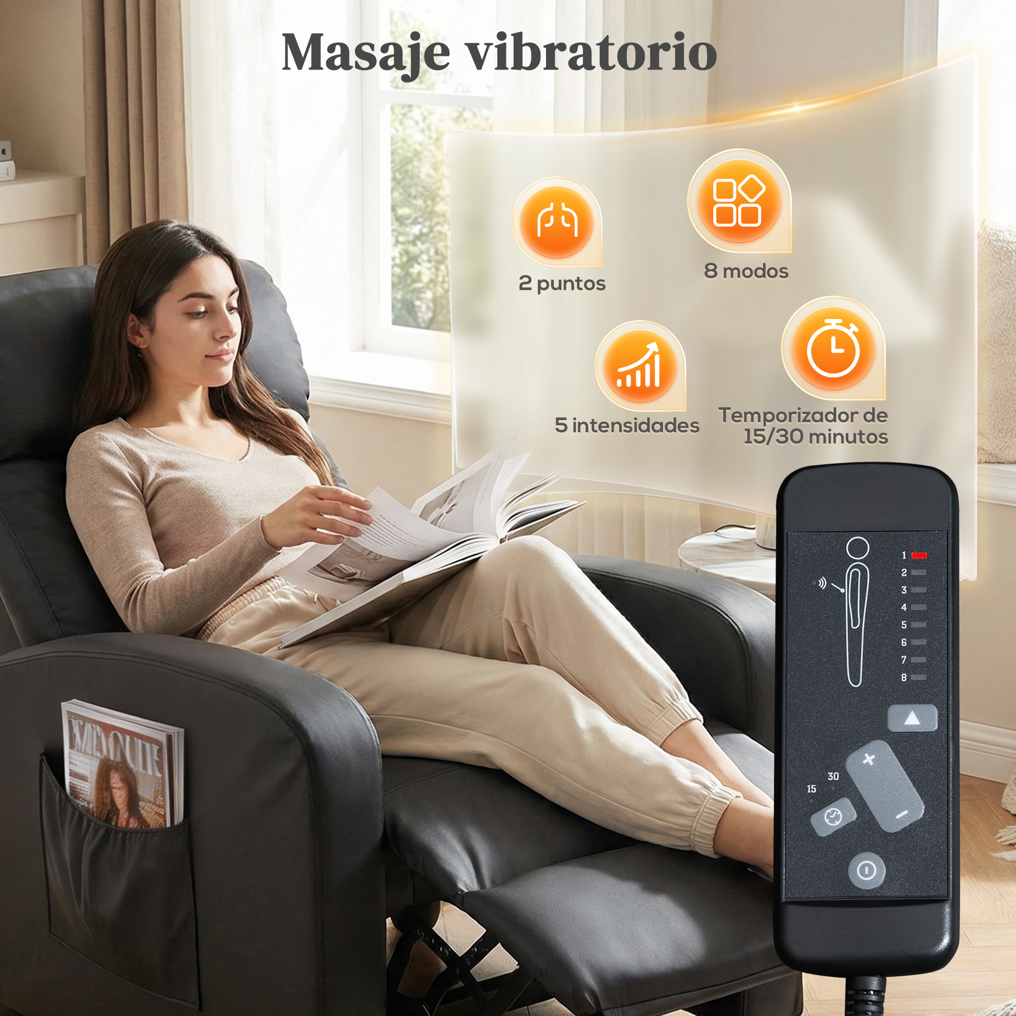 Mujer lee libro en sillón de masaje con mando que muestra 2 puntos, 8 modos.