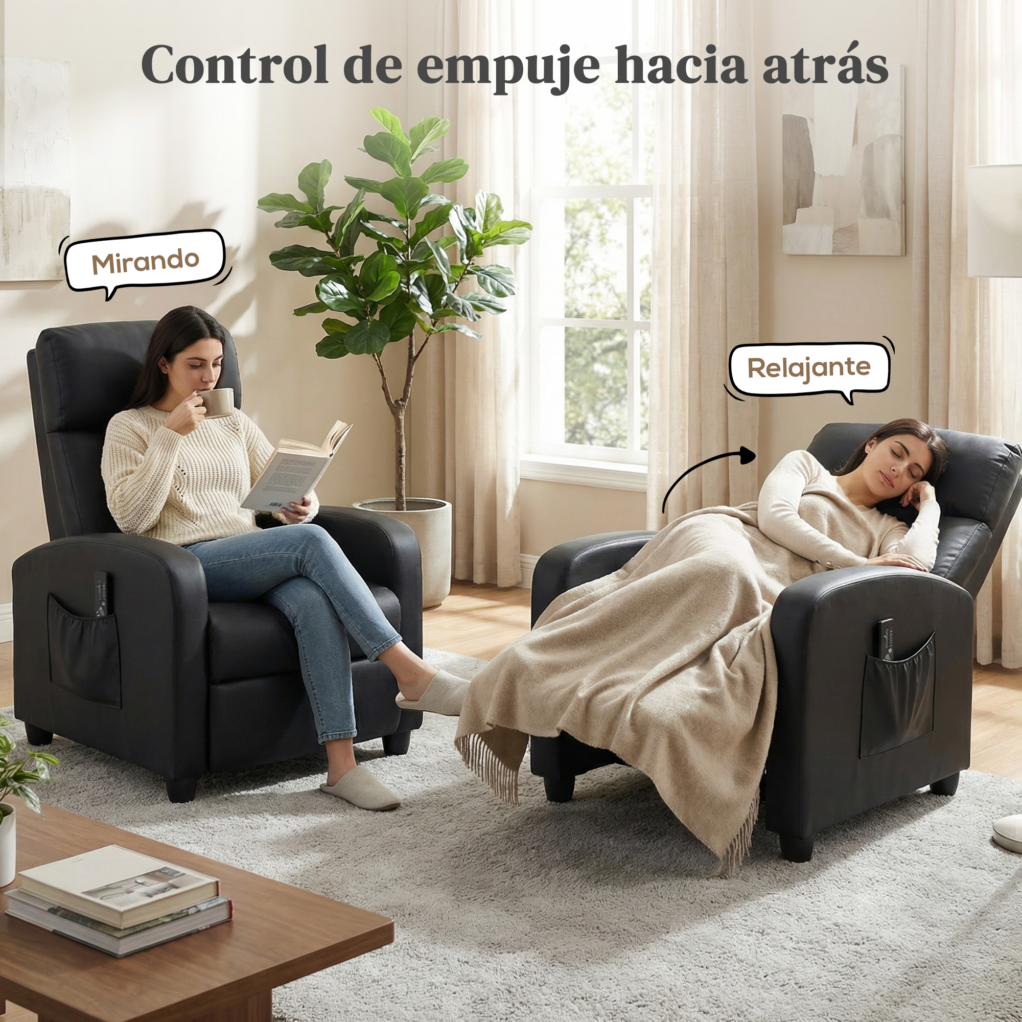 Dos sillones reclinables negros en una sala. Una mujer lee, la otra duerme.