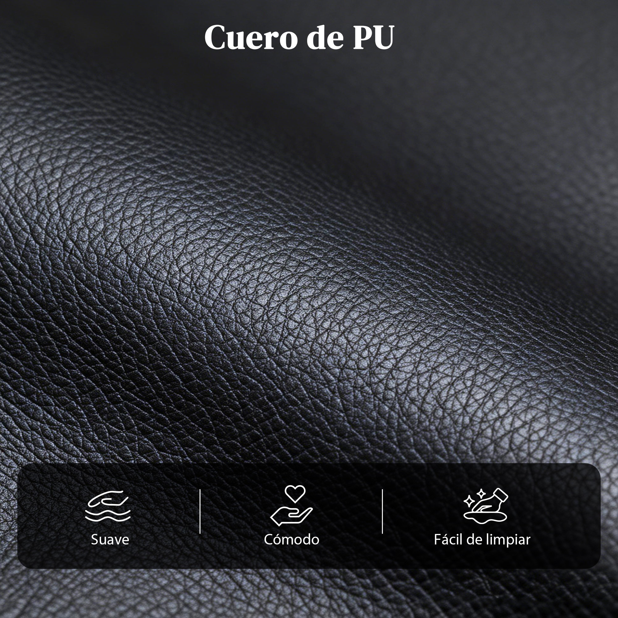 Primer plano de cuero PU negro texturizado. Iconos de suave, cómodo, fácil de limpiar.