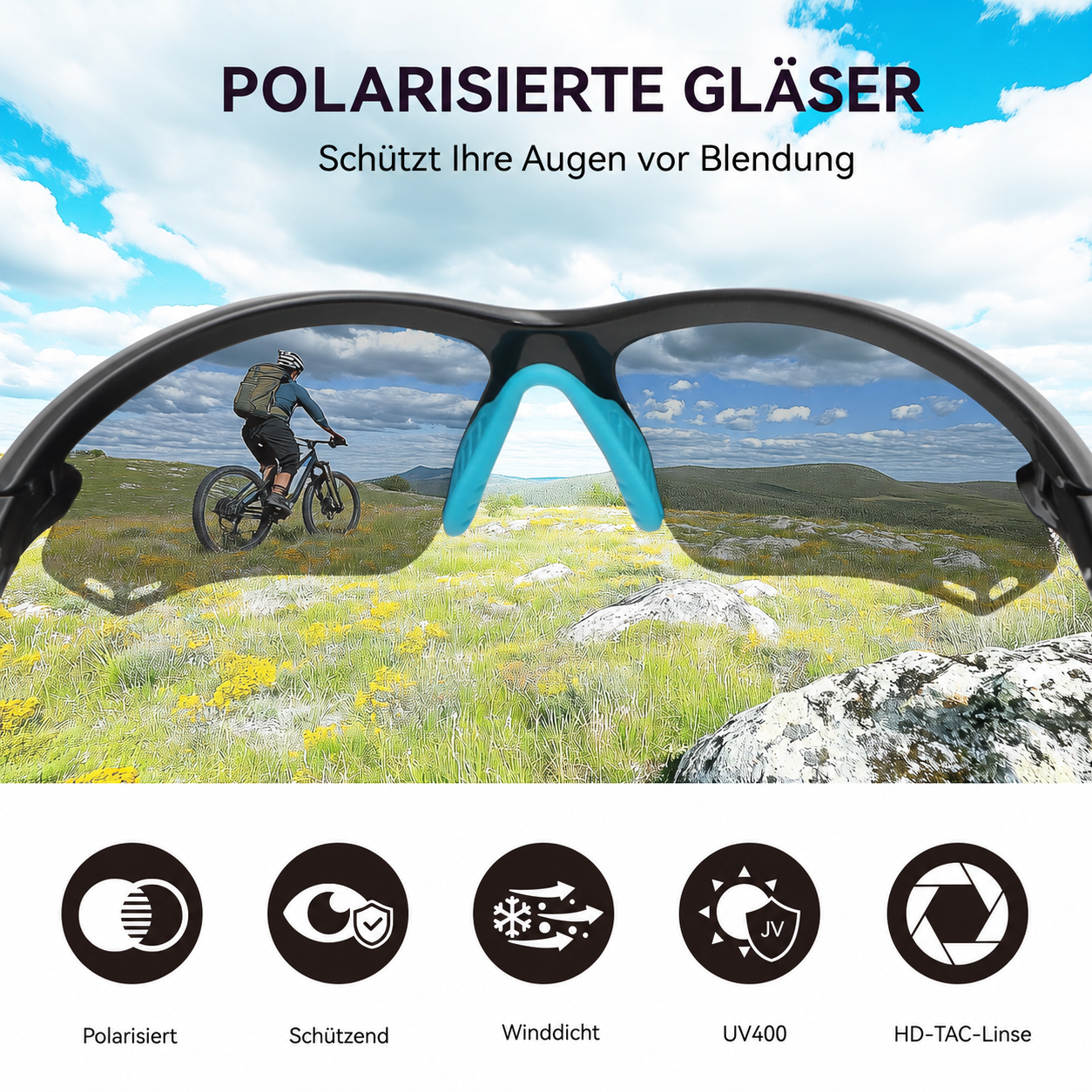 Sportbrille mit Berglandschaftsreflexion, Radfahrer, Symbole für UV400, polarisiert.