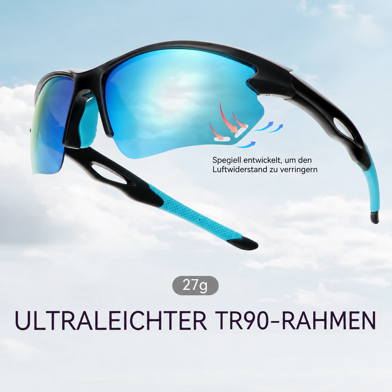 Sportbrille mit blauen verspiegelten Gläsern, schwarzem Gestell und blauem Bügel.