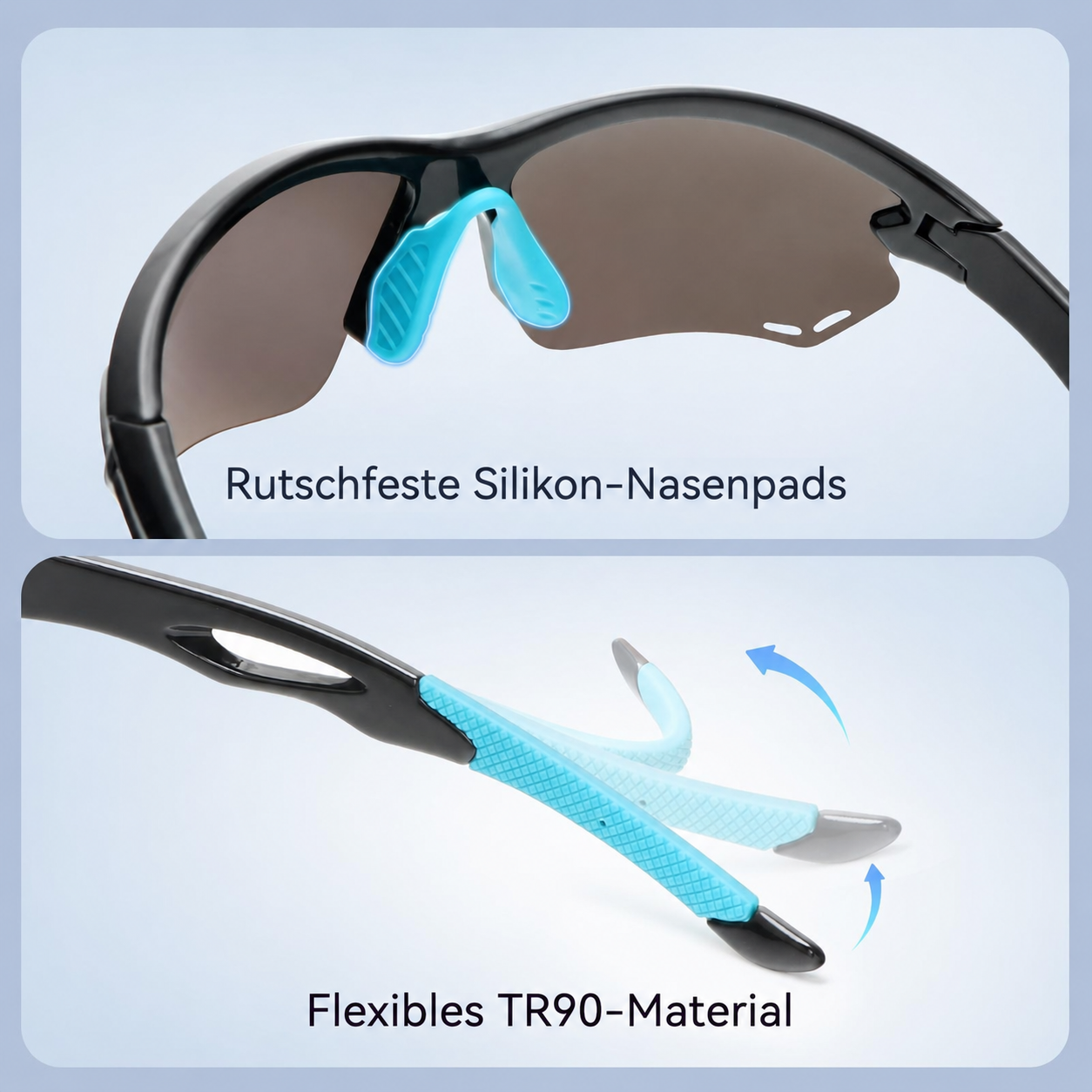 Nahaufnahme von schwarzer Sportbrille mit blauen Nasenpads und flexiblen Bügeln.