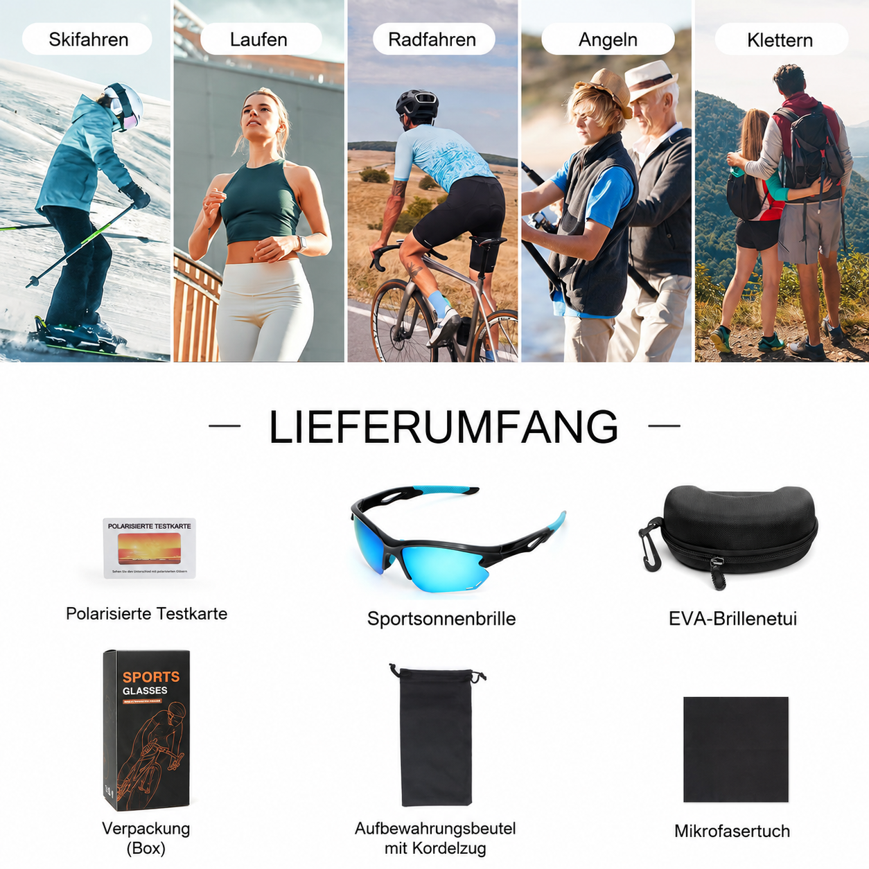Sportzubehör: Skifahren, Laufen, Radfahren, Angeln, Klettern. Lieferumfang: Brille, Etui, Tasche, Tuch, Box.