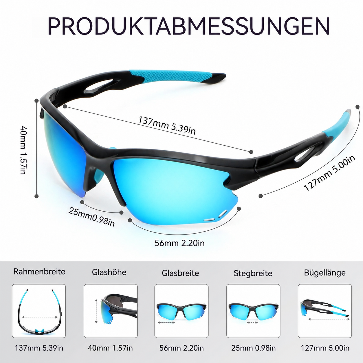 Schwarze Sportsonnenbrille mit blauen verspiegelten Gläsern und Maßangaben.