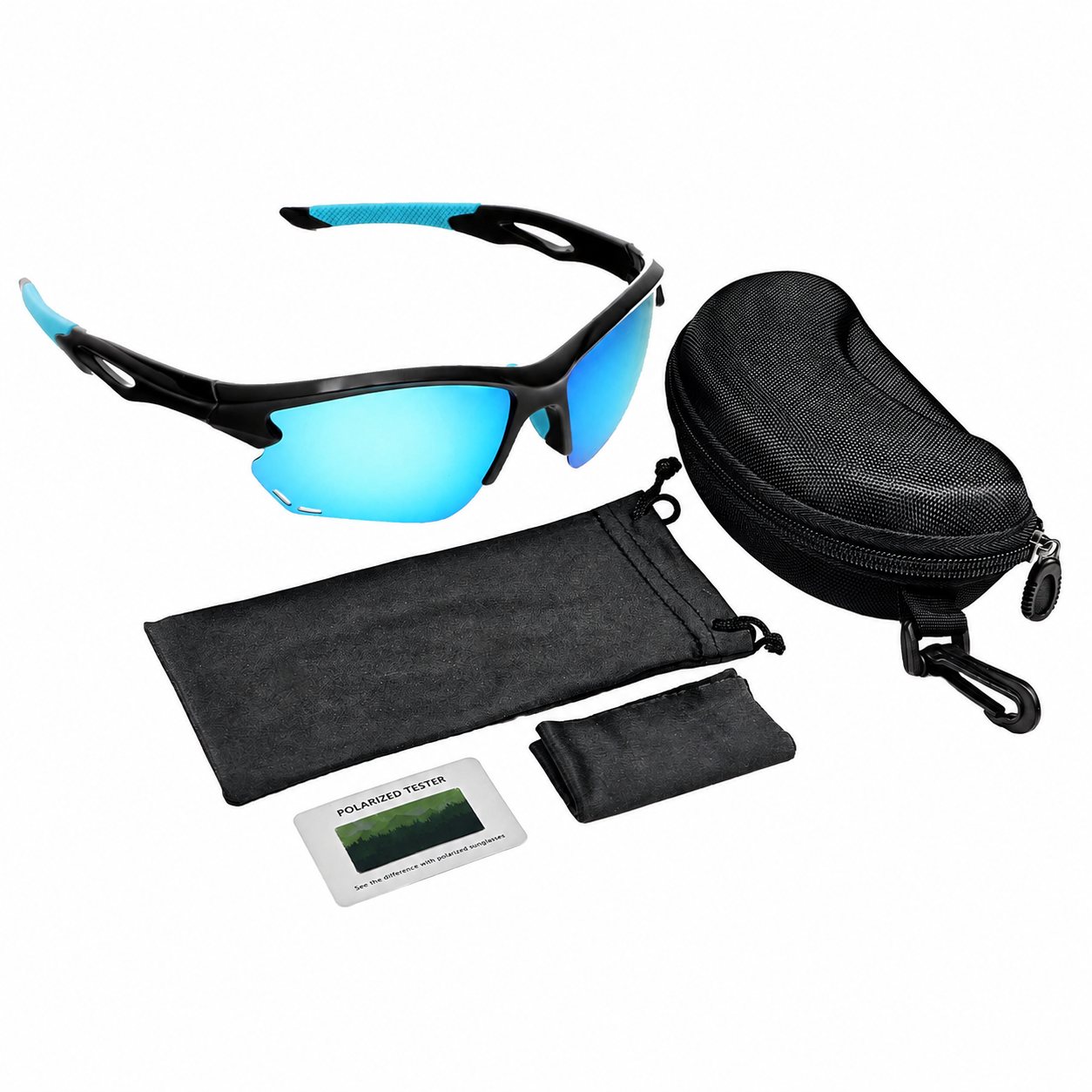 Sportsonnenbrille mit blauen verspiegelten Gläsern, schwarzem Rahmen und blauen Bügeln.