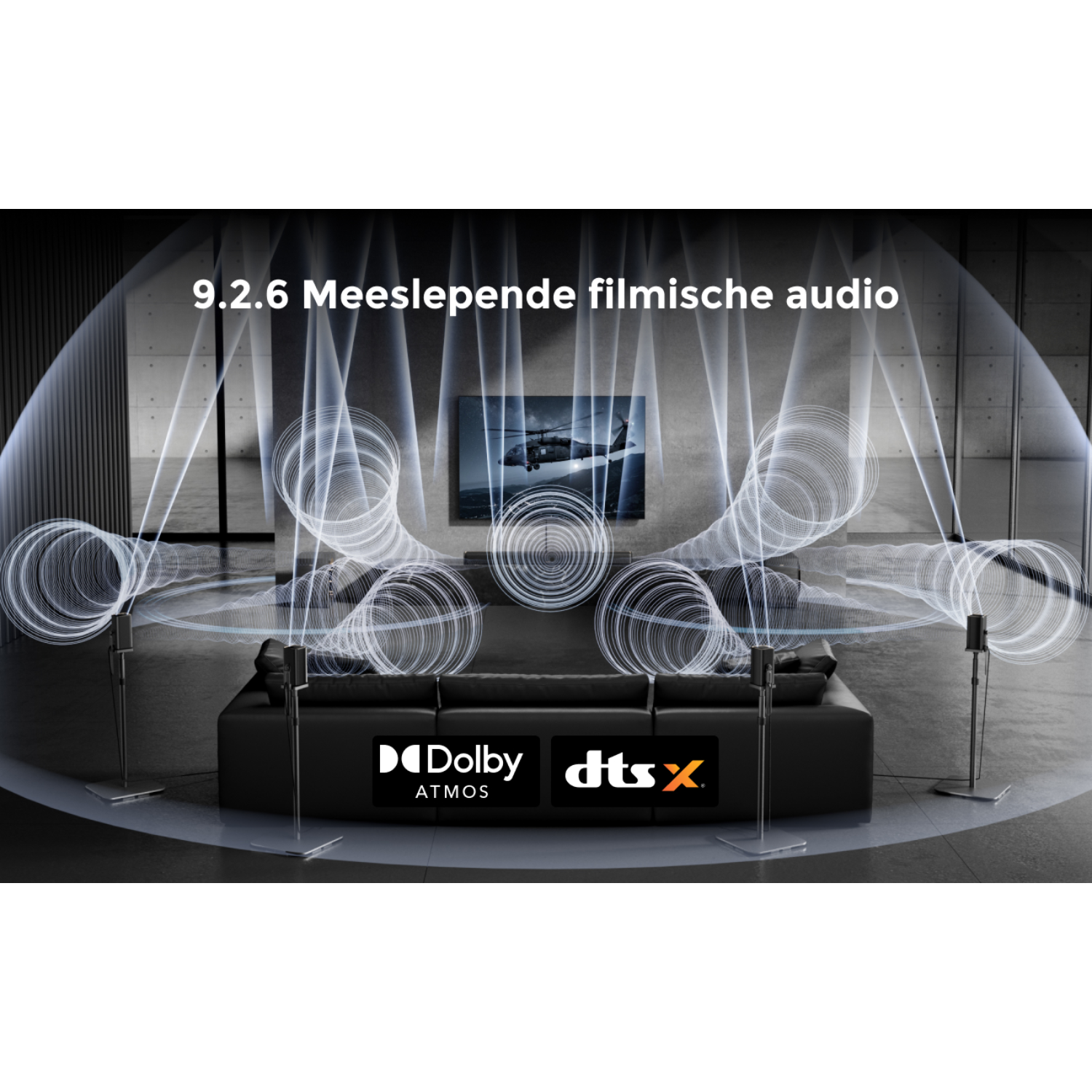 Salle avec Dolby Atmos et DTS:X, 9.2.6 canaux, son cinématographique.