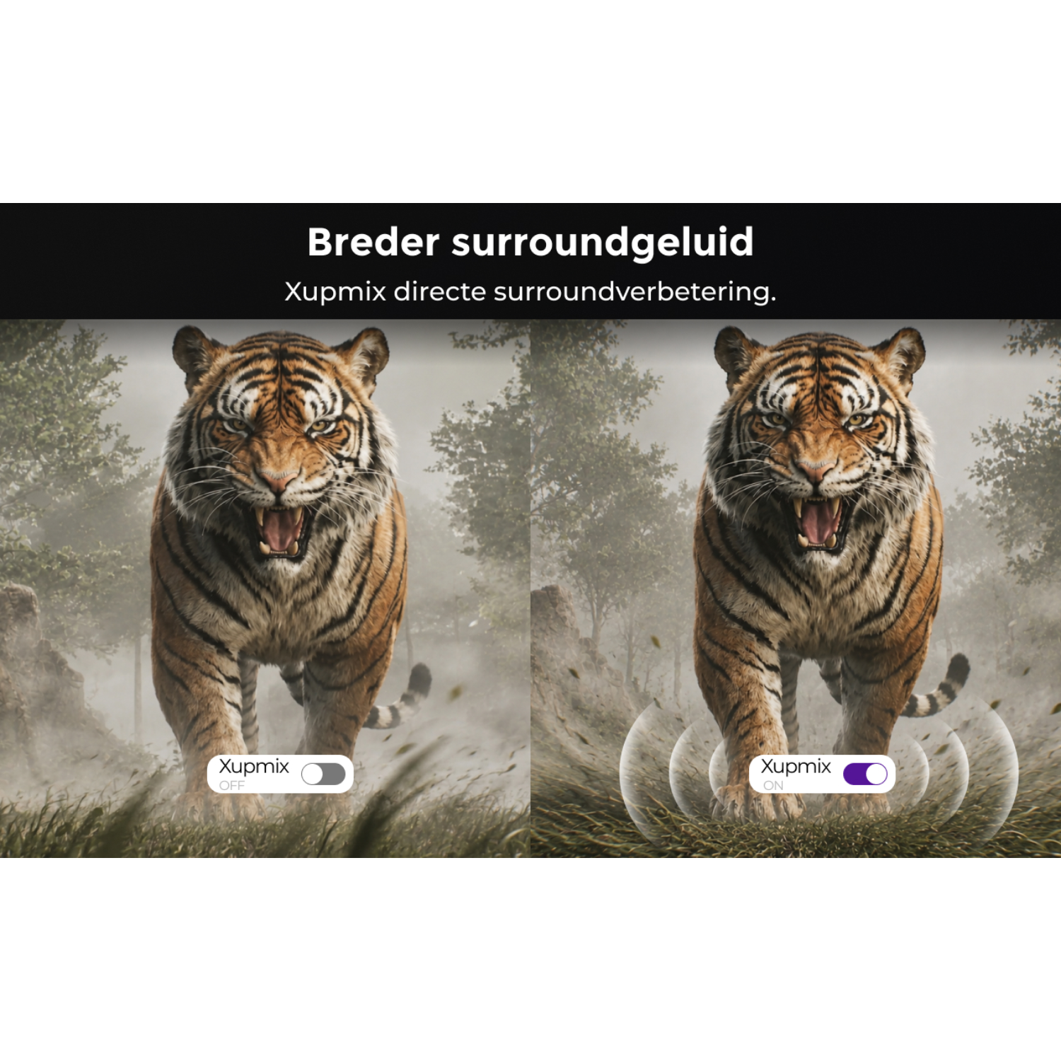 Deux tigres dans une forêt, un avec "Xupmix OFF", l'autre avec "Xupmix ON".