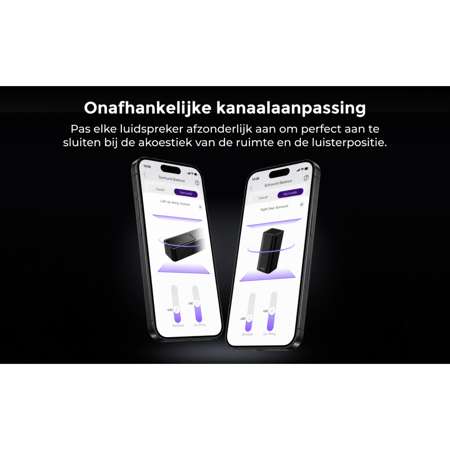 Deux téléphones montrent une application pour ajuster les paramètres des haut-parleurs comme surround et up-firing.