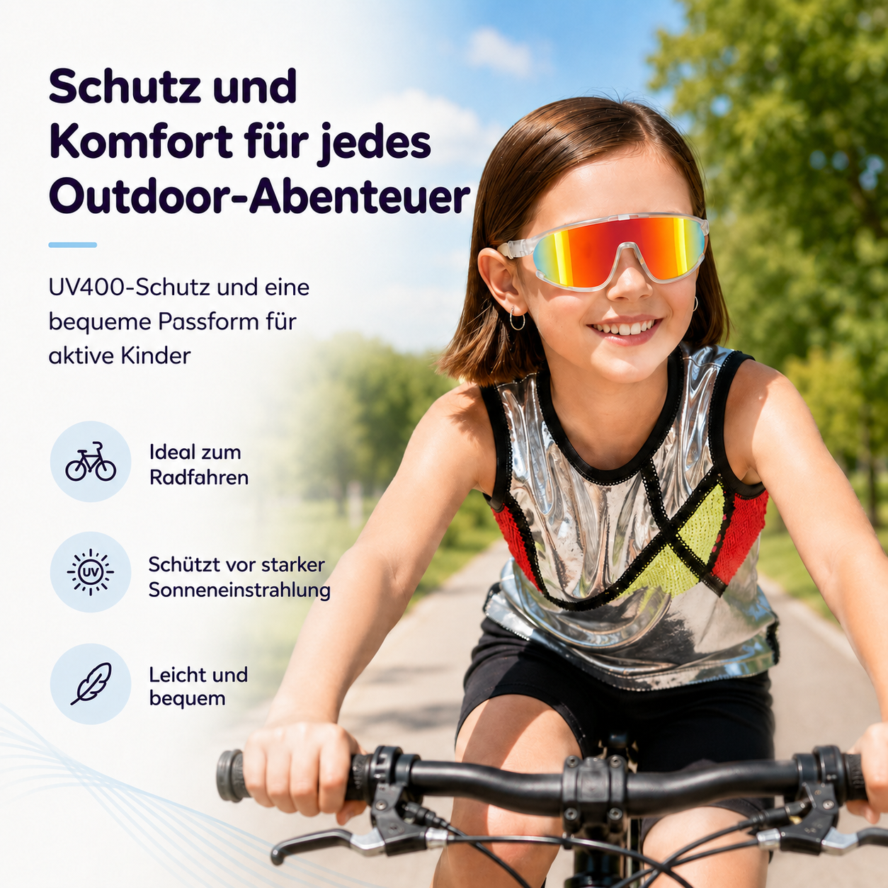 Ein Mädchen fährt Fahrrad und trägt eine bunte Sonnenbrille.