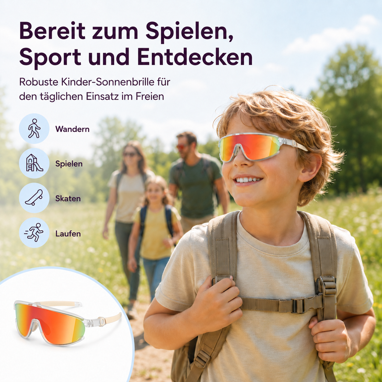 Ein Junge mit Sonnenbrille und Rucksack geht mit seiner Familie spazieren.