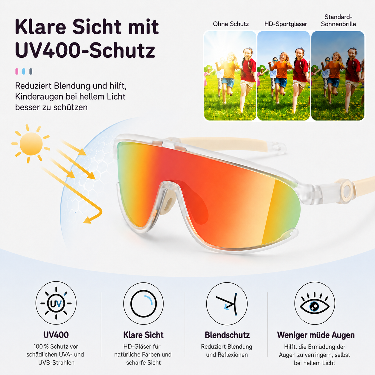 Sportbrille mit UV400-Schutz, drei Vergleichsbilder von Kindern beim Laufen im Freien.
