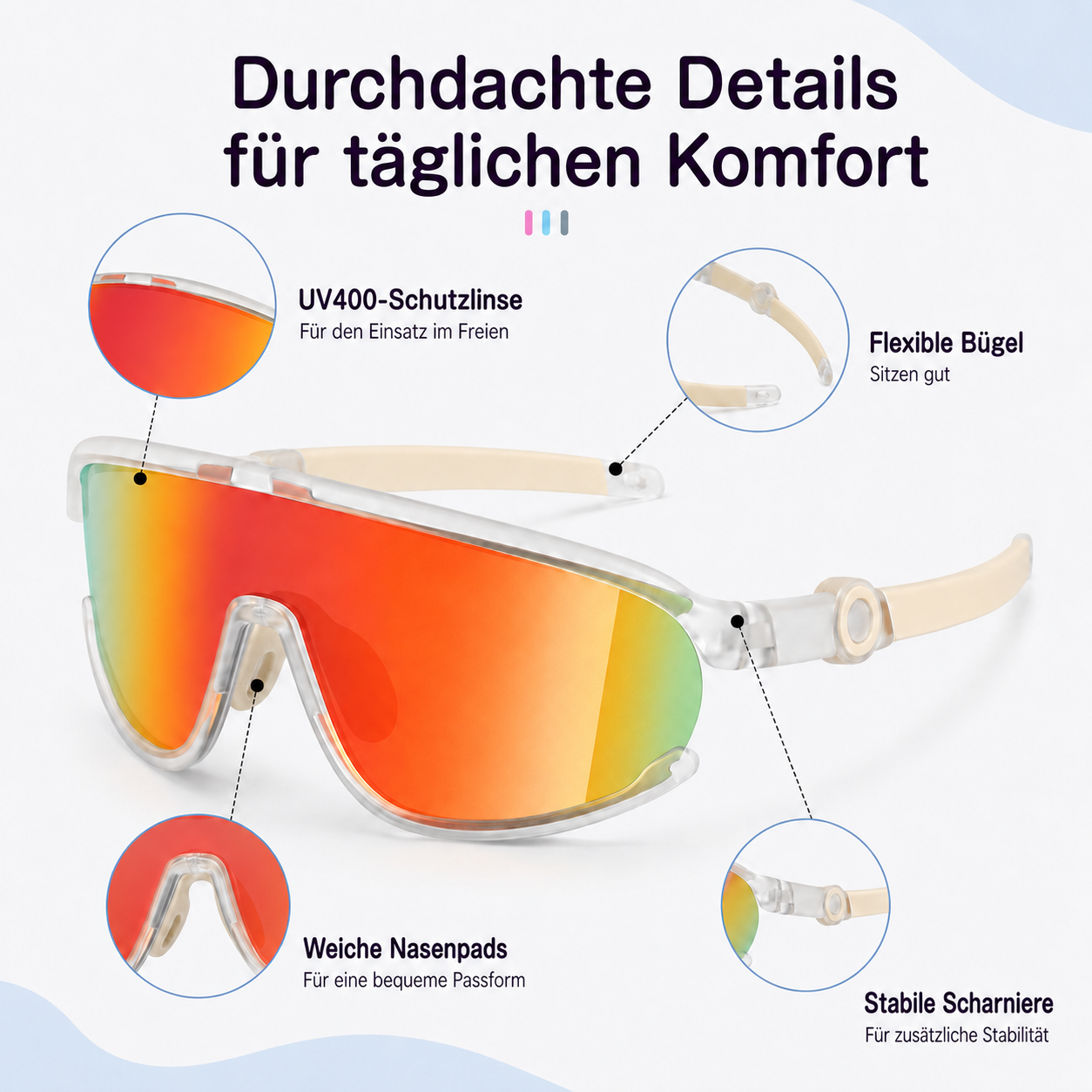 Sportbrille mit orangen verspiegelten Gläsern, weißen Rahmen und Details.