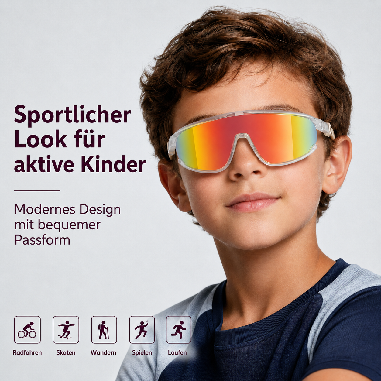 Junge mit bunten Sportbrillen, Text: Sportlicher Look für aktive Kinder.