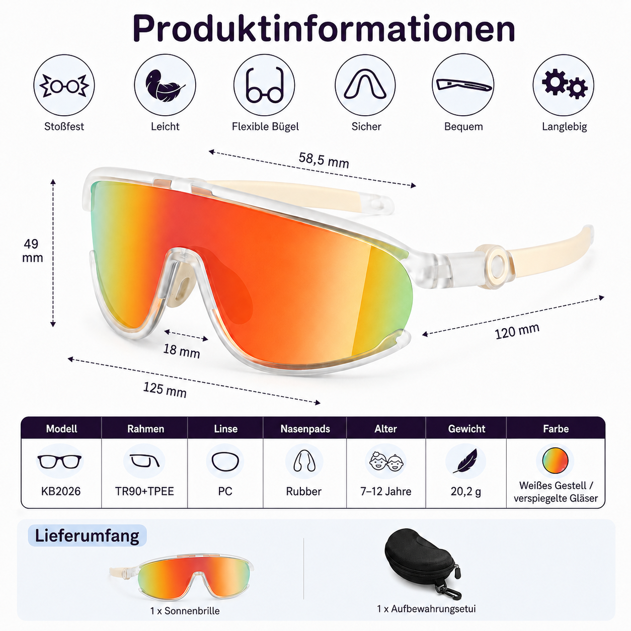 Sportsonnenbrille mit weißem Gestell und verspiegelten Gläsern, Maße angegeben.